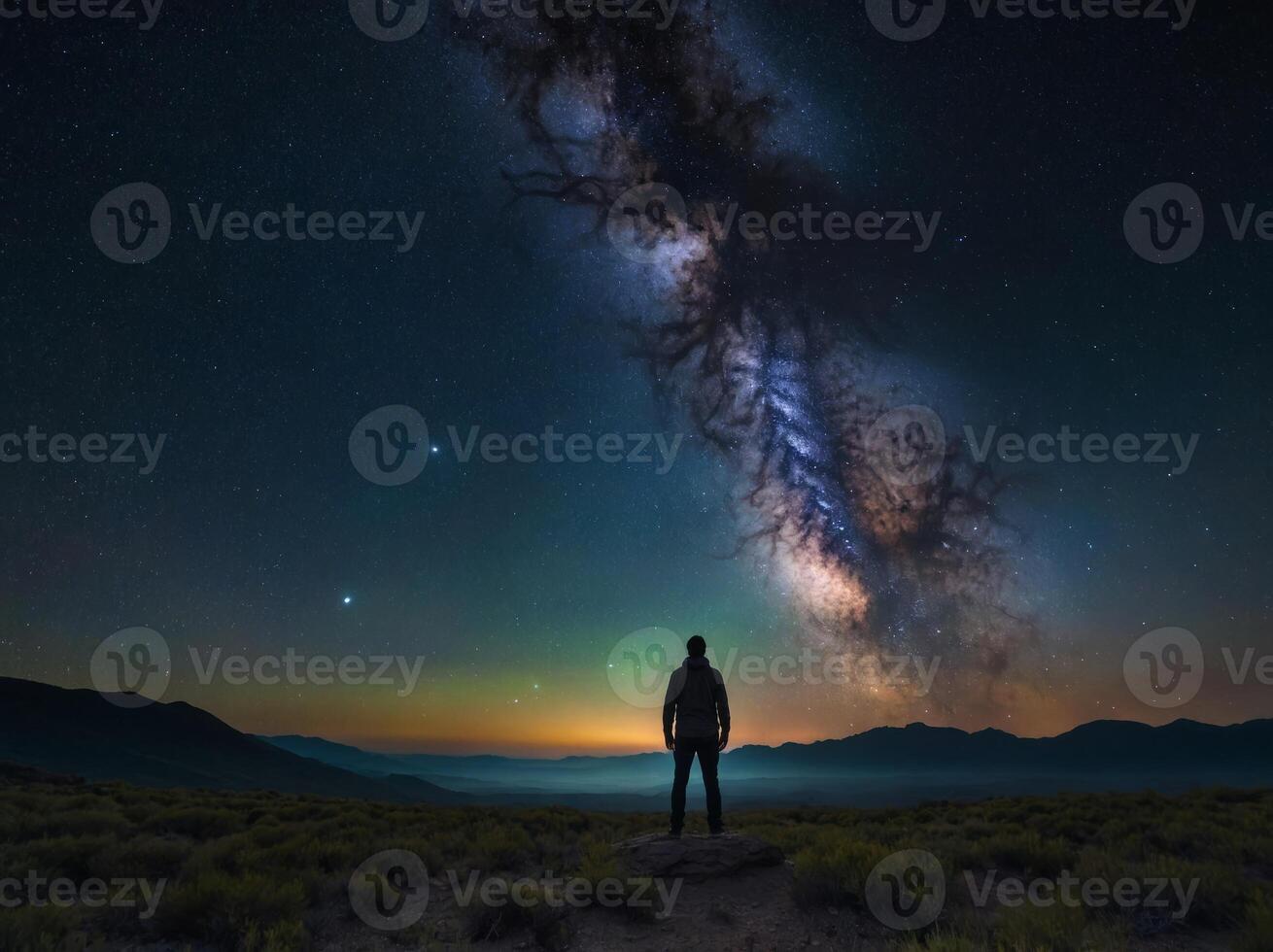 A man stands in awe before a vast expanse of stars and galaxies, surrounded by the infinite beauty of the universe. photo