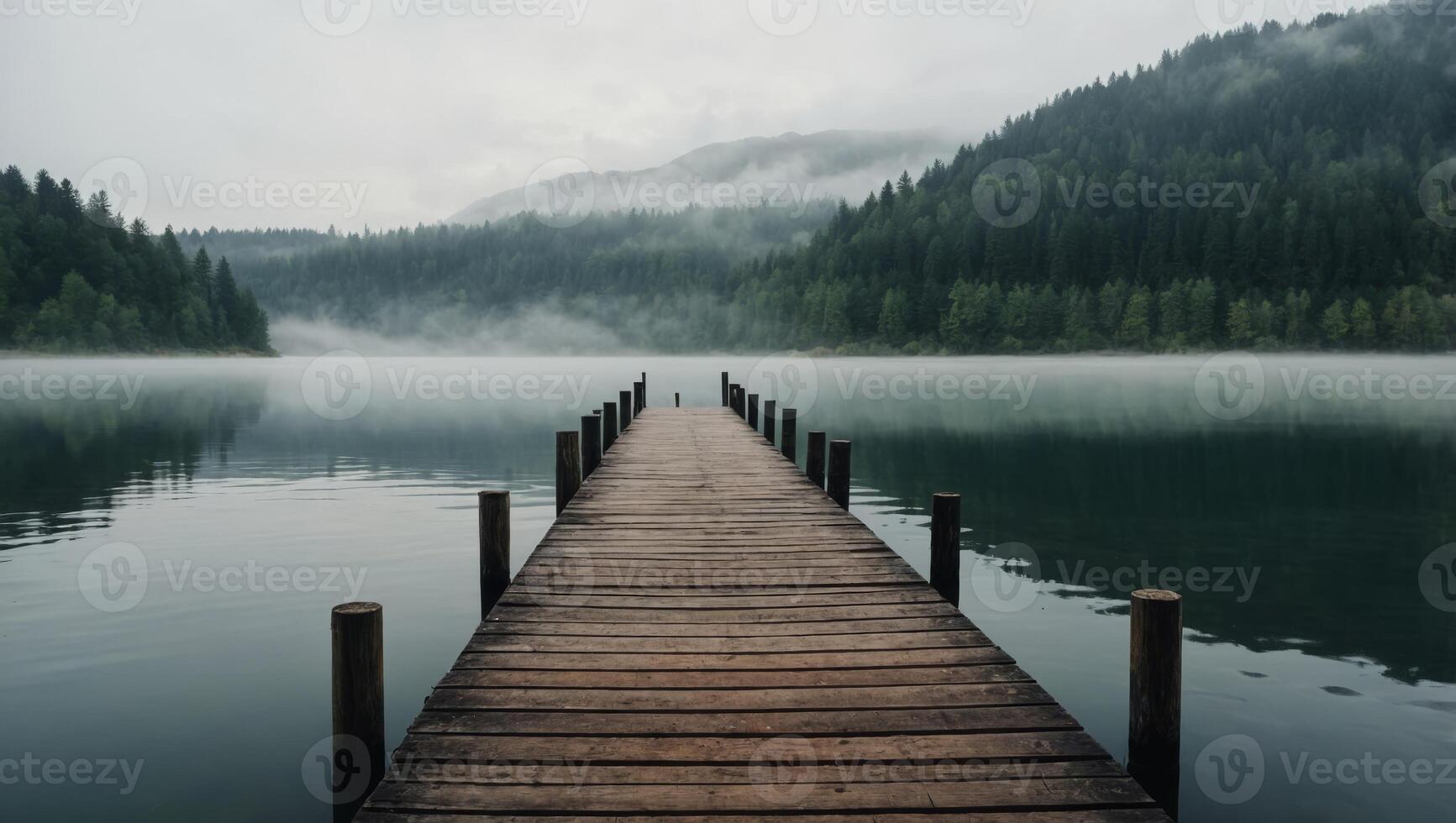 A quiet lake with a wooden pier disappears into mist. photo