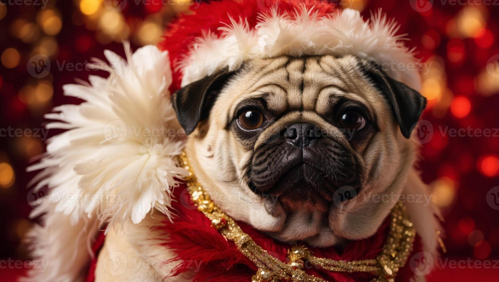 A pug dog in a golden cap and white feather boa on a red background Congratulations on the holiday. photo