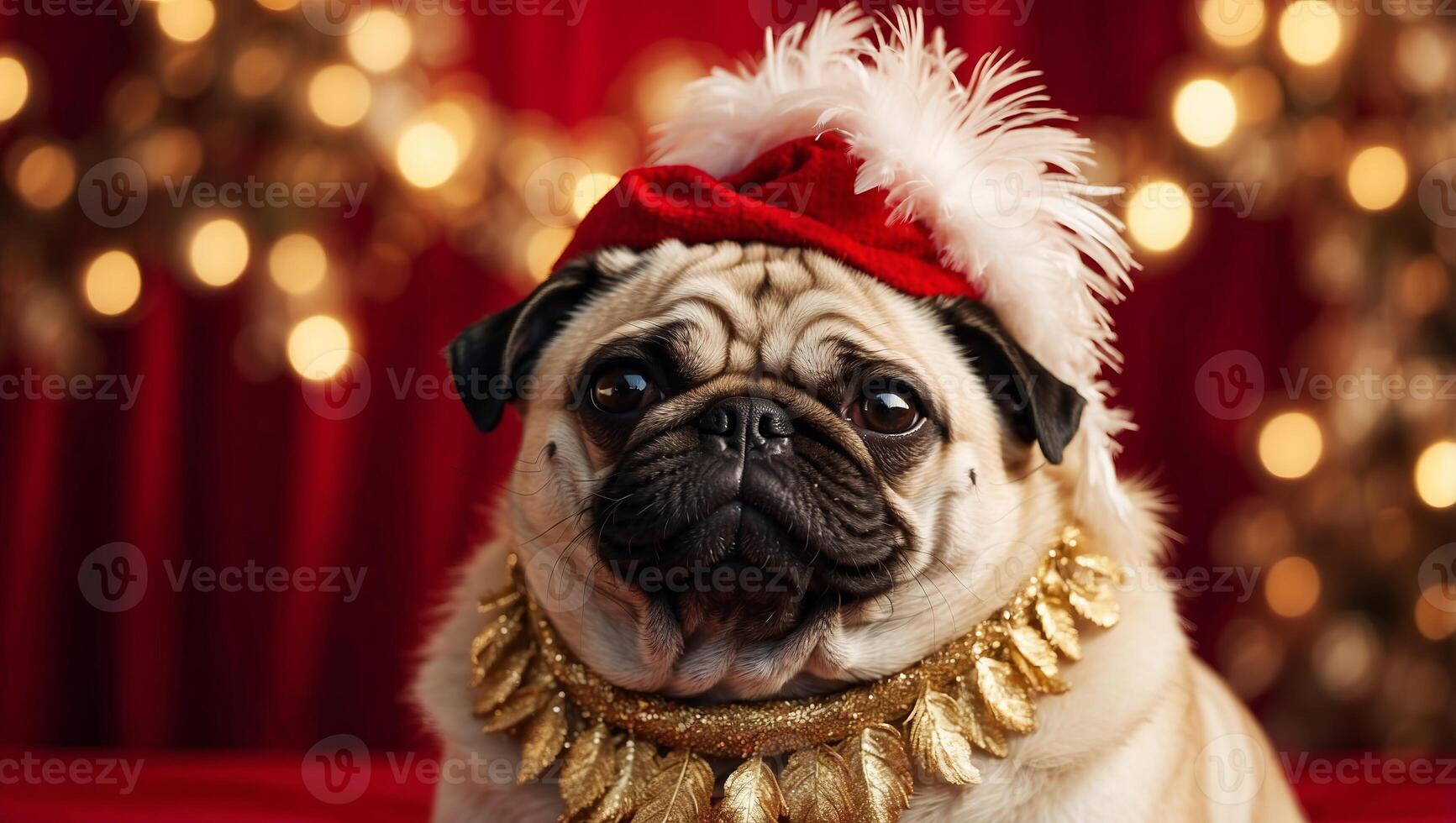 A pug dog in a golden cap and white feather boa on a red background Congratulations on the holiday. photo