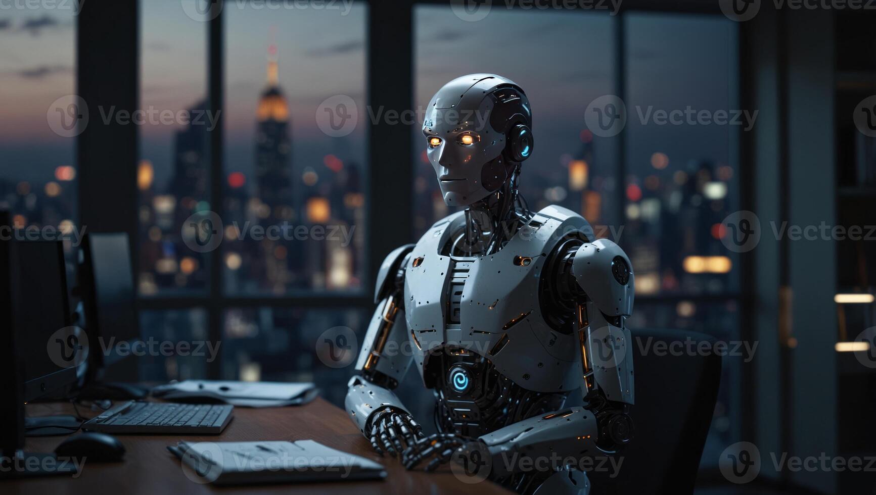 A robot humanoid staying in the empty office and looking out the window at the big night city future technology concept. photo