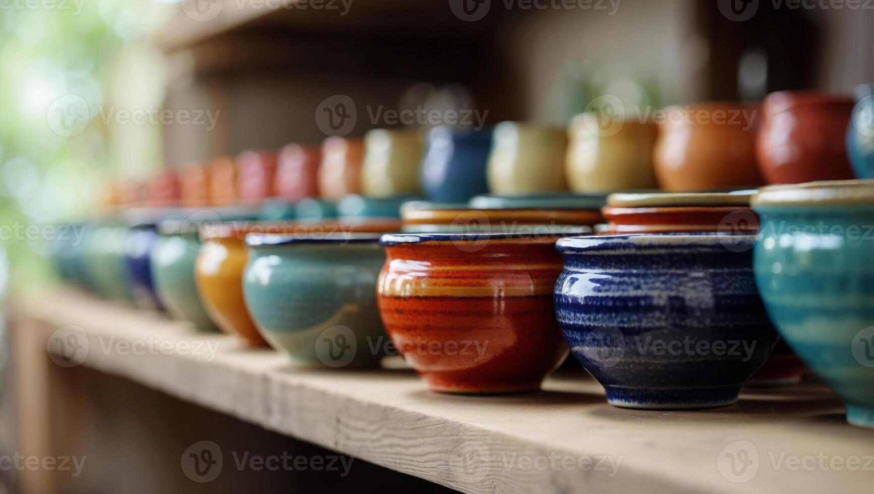 A row of colorful pottery on a shelf with a row of colorful bowls. photo