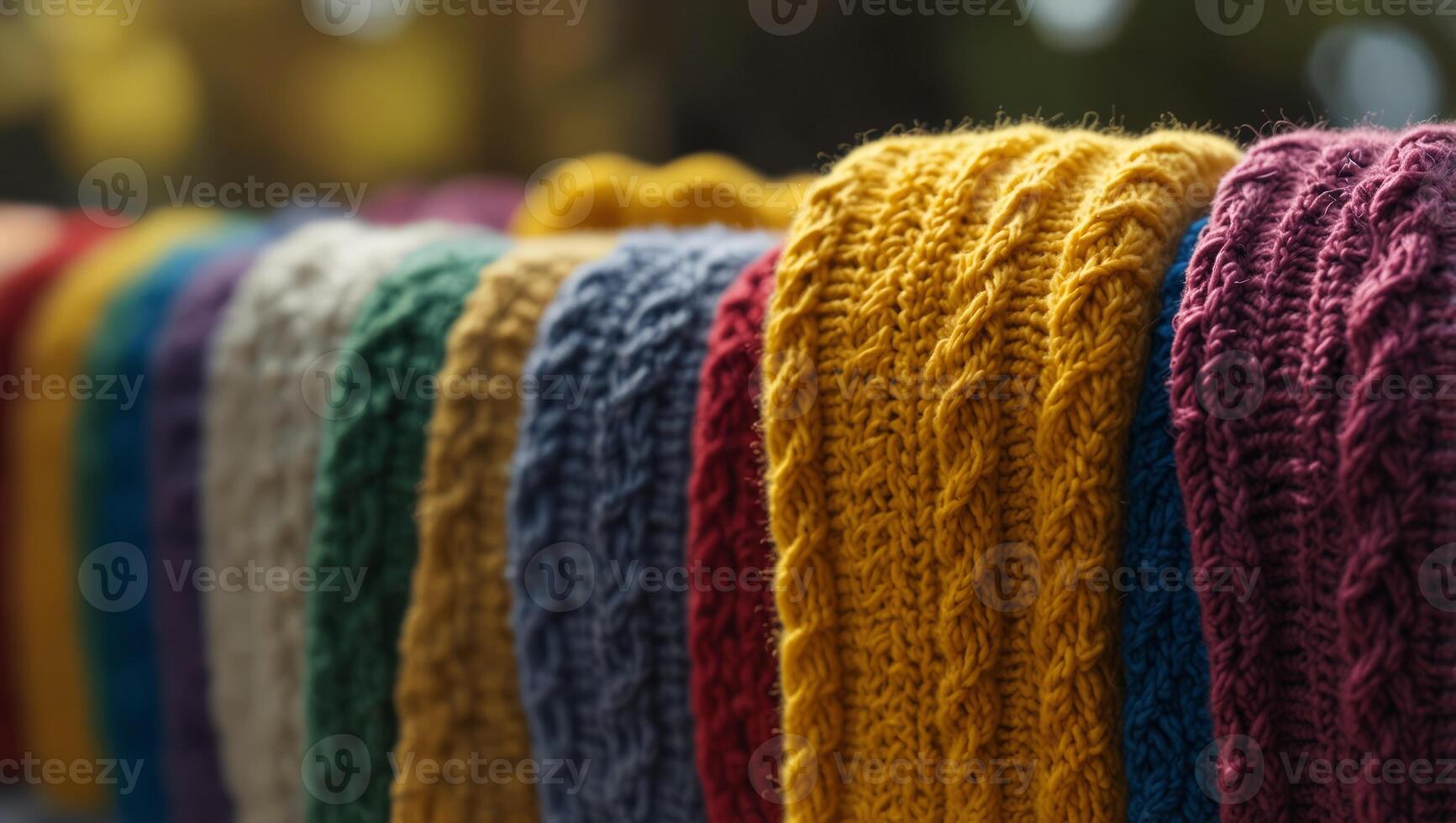 A row of colorful knitted items with a yellow one in the middle. photo