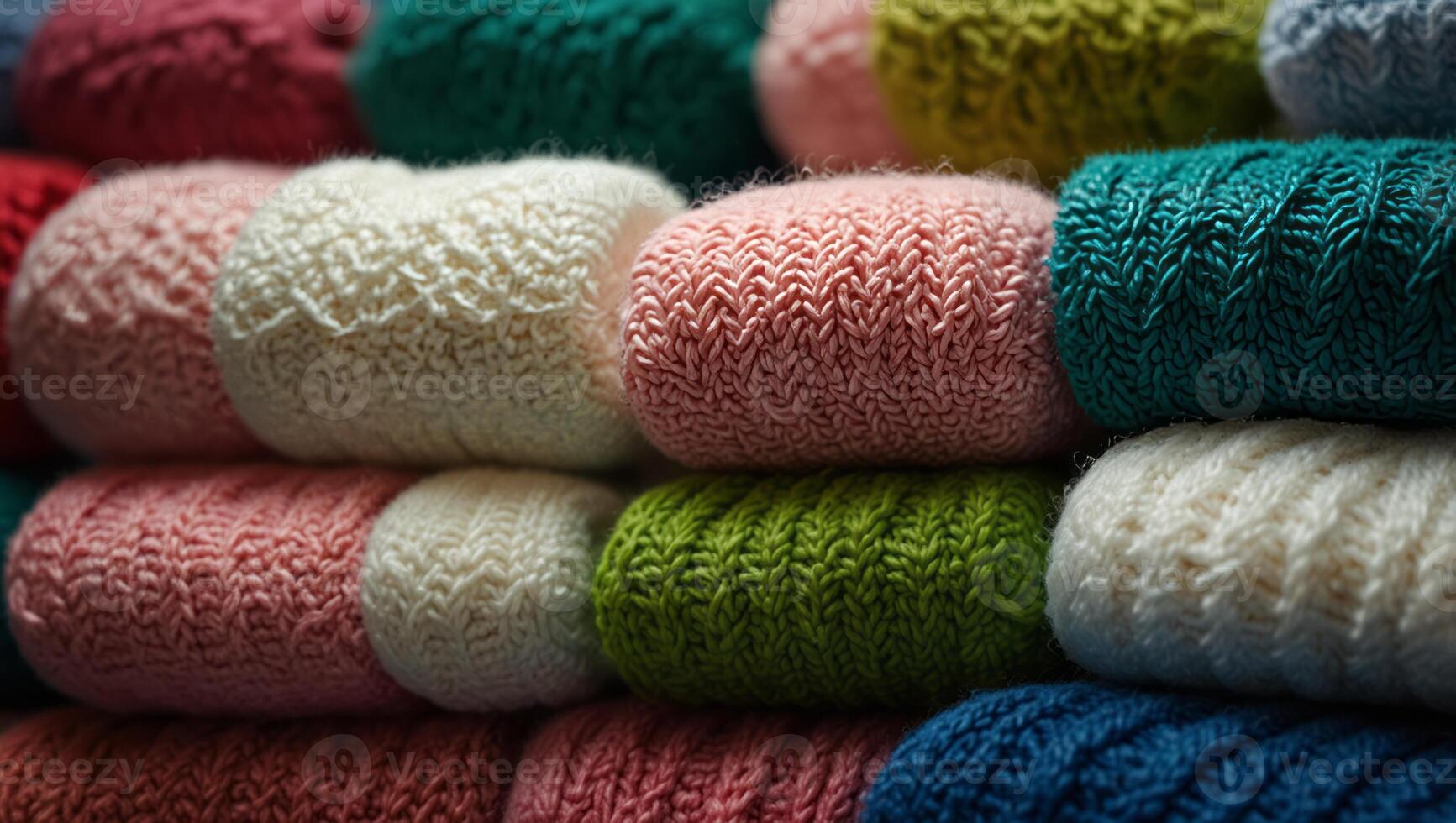 A row of colorful knitted items, including a pink and white item, a blue item, and a green item. photo