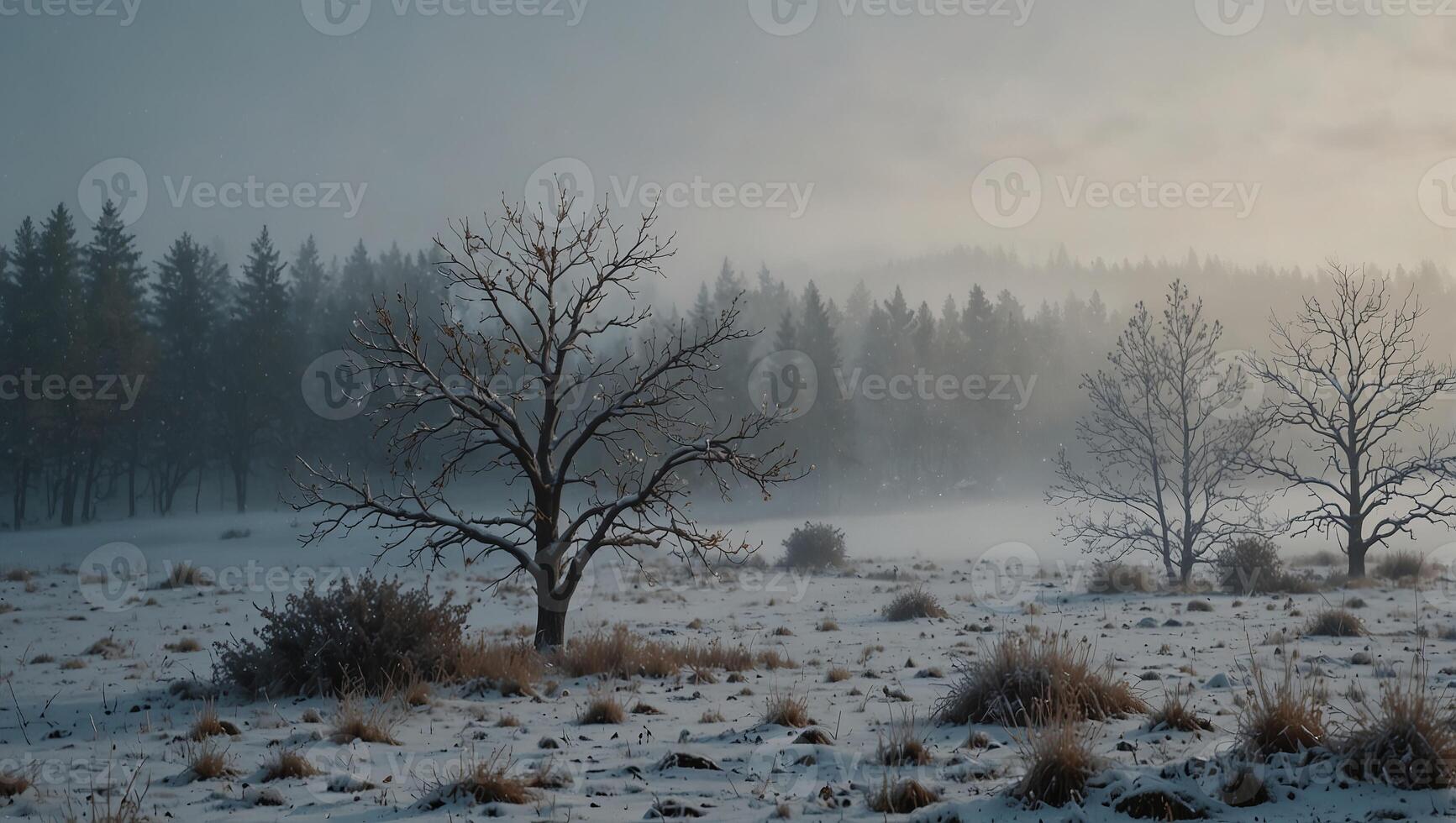 A serene winter landscape emerges from the thick fog, with a soft blue and white color palette capturing the beauty of nature. photo