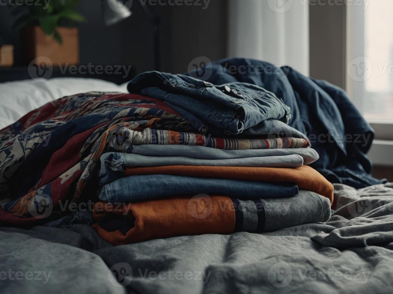 A stack of various clothing items sitting on top of a bed, with space around for more items. photo
