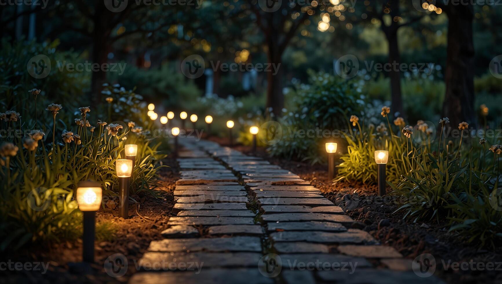 A simple yet beautiful pathway illuminated by solar lights highlighting the natural beauty of the garden. photo