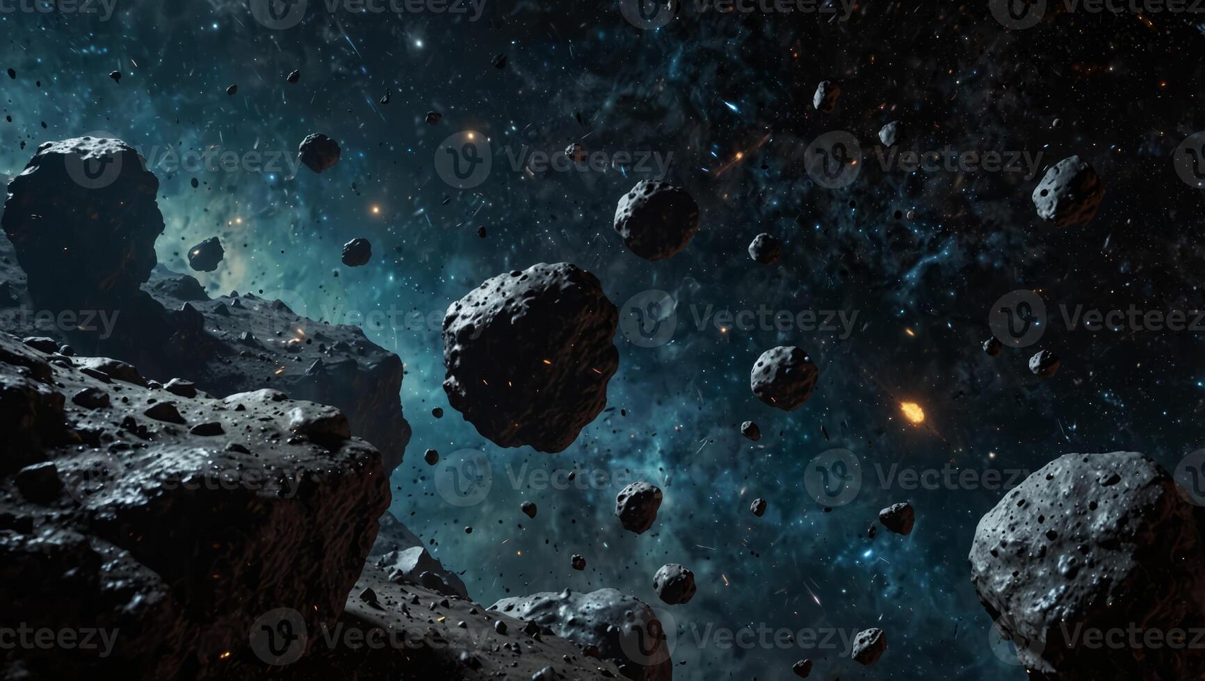 A stunning view of floating asteroids in deep space, showcasing the vastness and beauty of the cosmos. photo