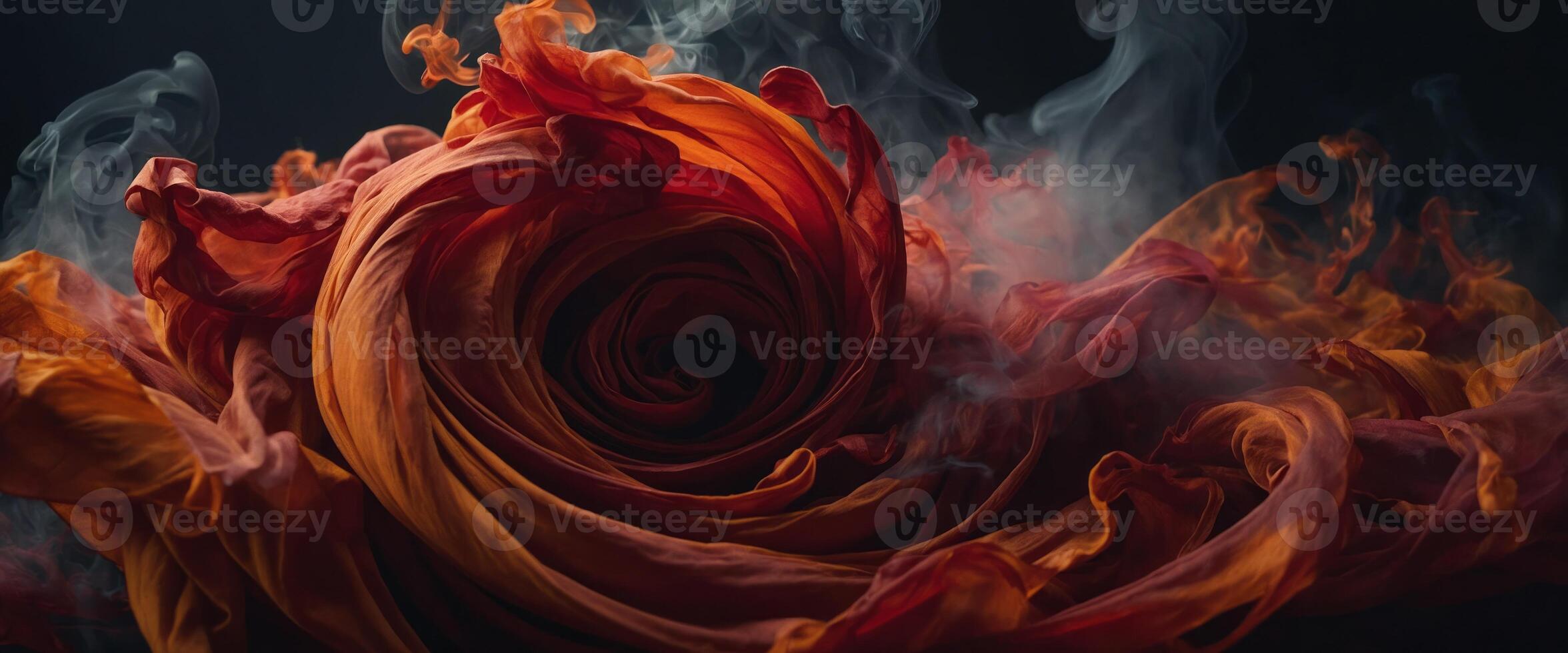 A swirling masterpiece of fiery passion, captured on canvas with a crimson fabric and billowing wisps of smoke, evoking the raw power and beauty of artistic expression. photo