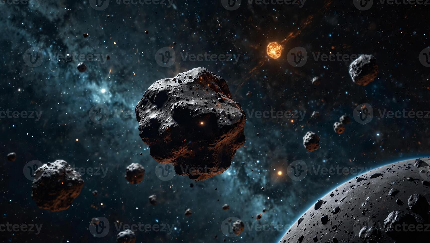 A stunning view of floating asteroids in deep space, showcasing the vastness and beauty of the cosmos. photo