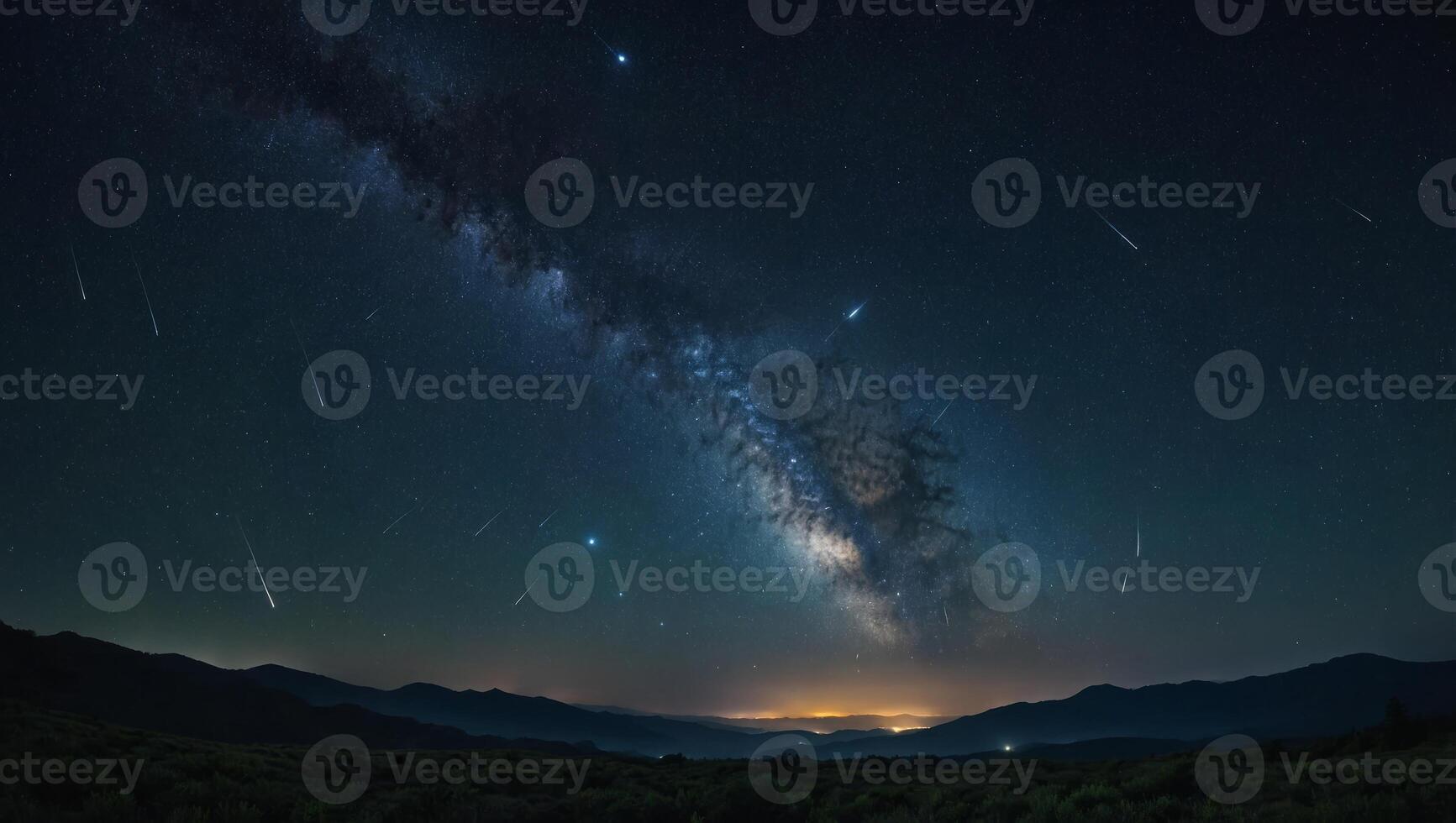 A stunning celestial night sky filled with shooting stars and galaxies, showcasing the beauty of nature. photo