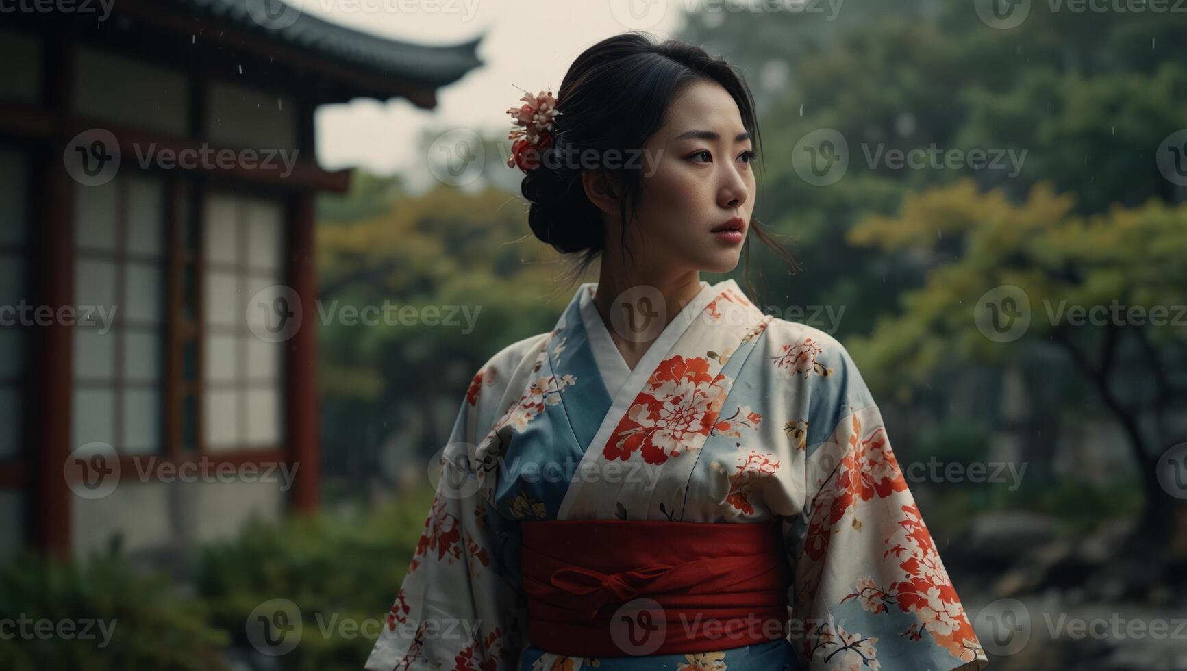 A traditional Japanese ukiyo-e girlfriend A woman in kimono standing in a retro landscape is enveloped in melancholy and melancholy. photo