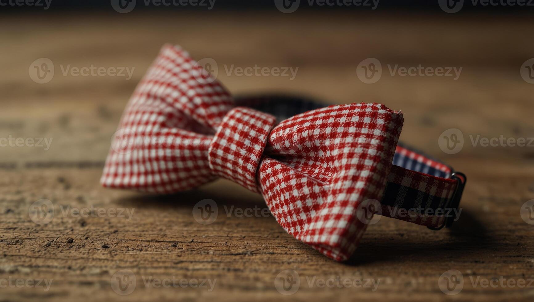 A traditional butterfly bow tie made from red gingham fabric. photo