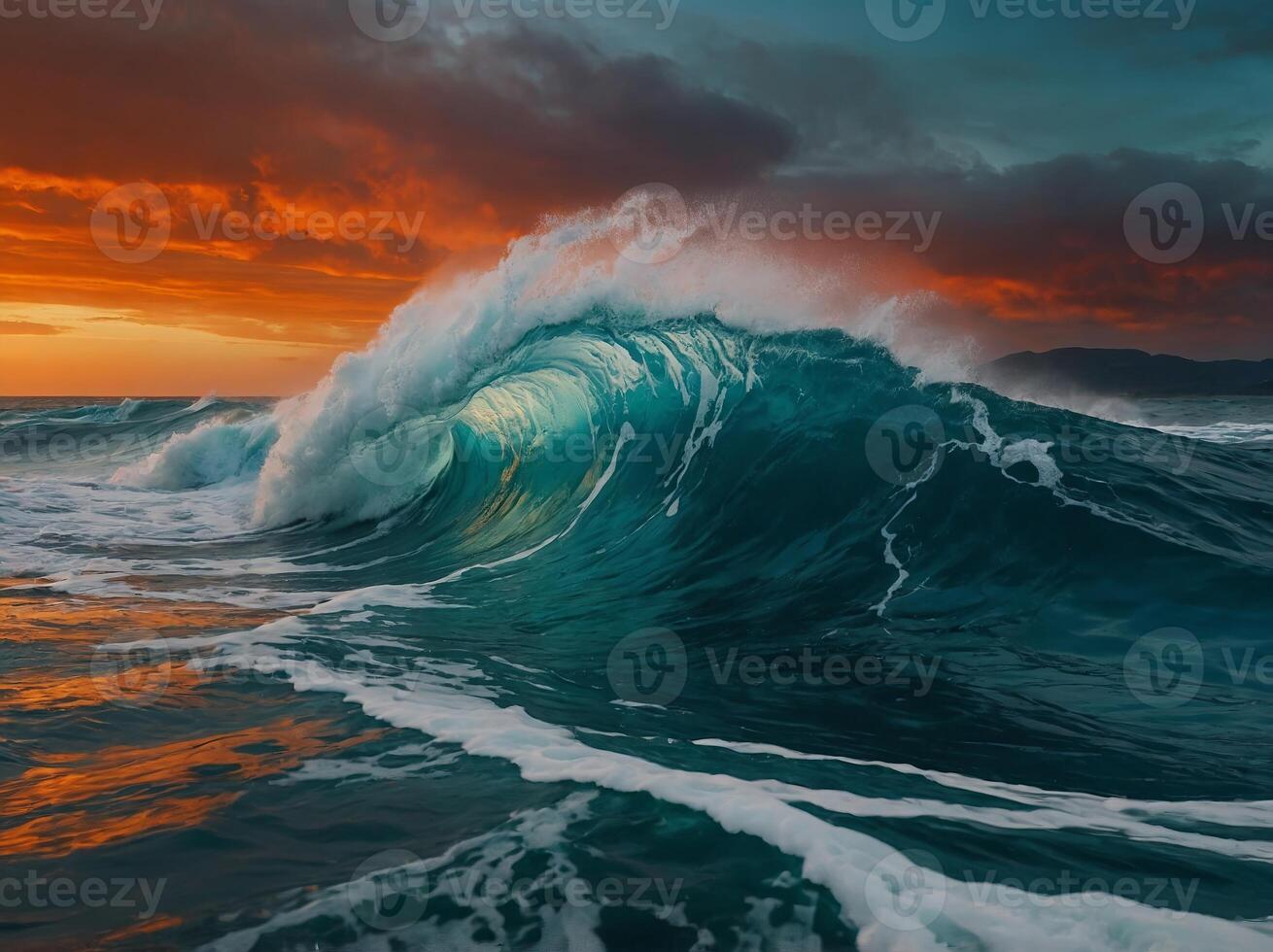 A vibrant and intense meeting of fiery orange and deep teal waves, their clash producing a dramatic and powerful visual that mirrors the fierce beauty of nature's extremes. photo