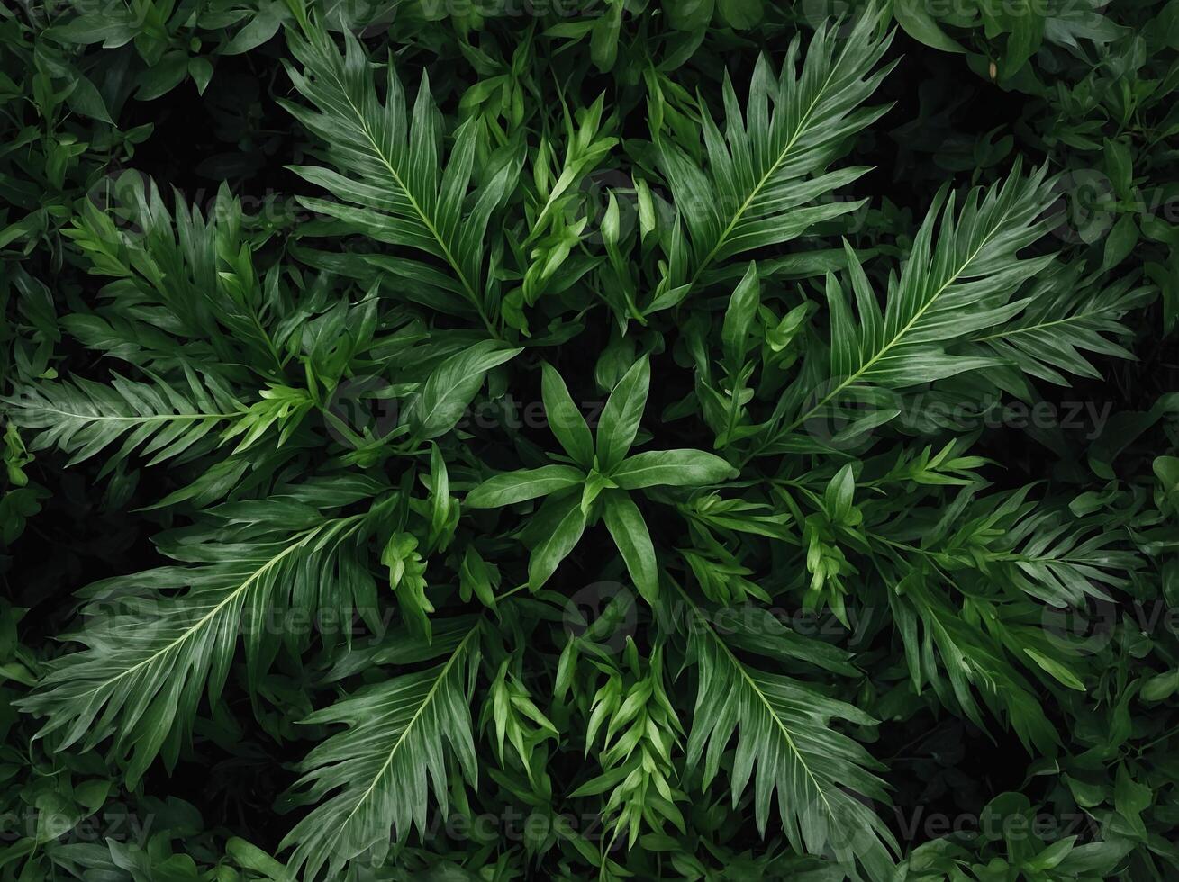 A symmetrical arrangement of vibrant green leaves, perfectly aligned at the edges, creating a frame around the central space. photo