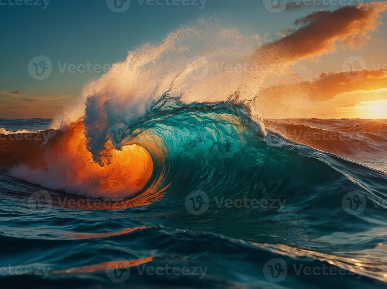 A vibrant and intense meeting of fiery orange and deep teal waves, their clash producing a dramatic and powerful visual that mirrors the fierce beauty of nature's extremes. photo