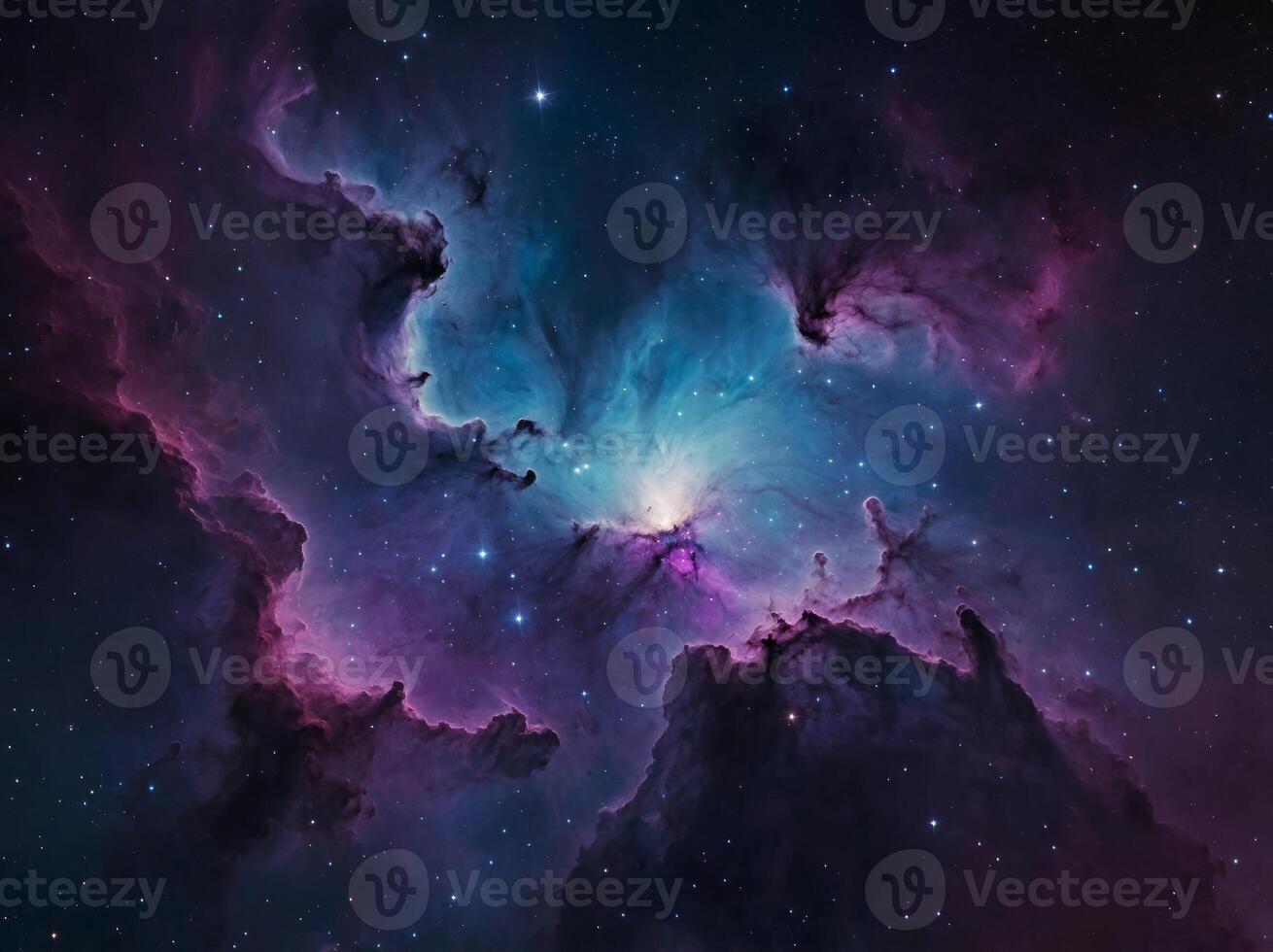 A vibrant cosmic scene featuring a nebula with hues of blue and purple amidst a starry backdrop, showcasing the beauty of outer space. photo