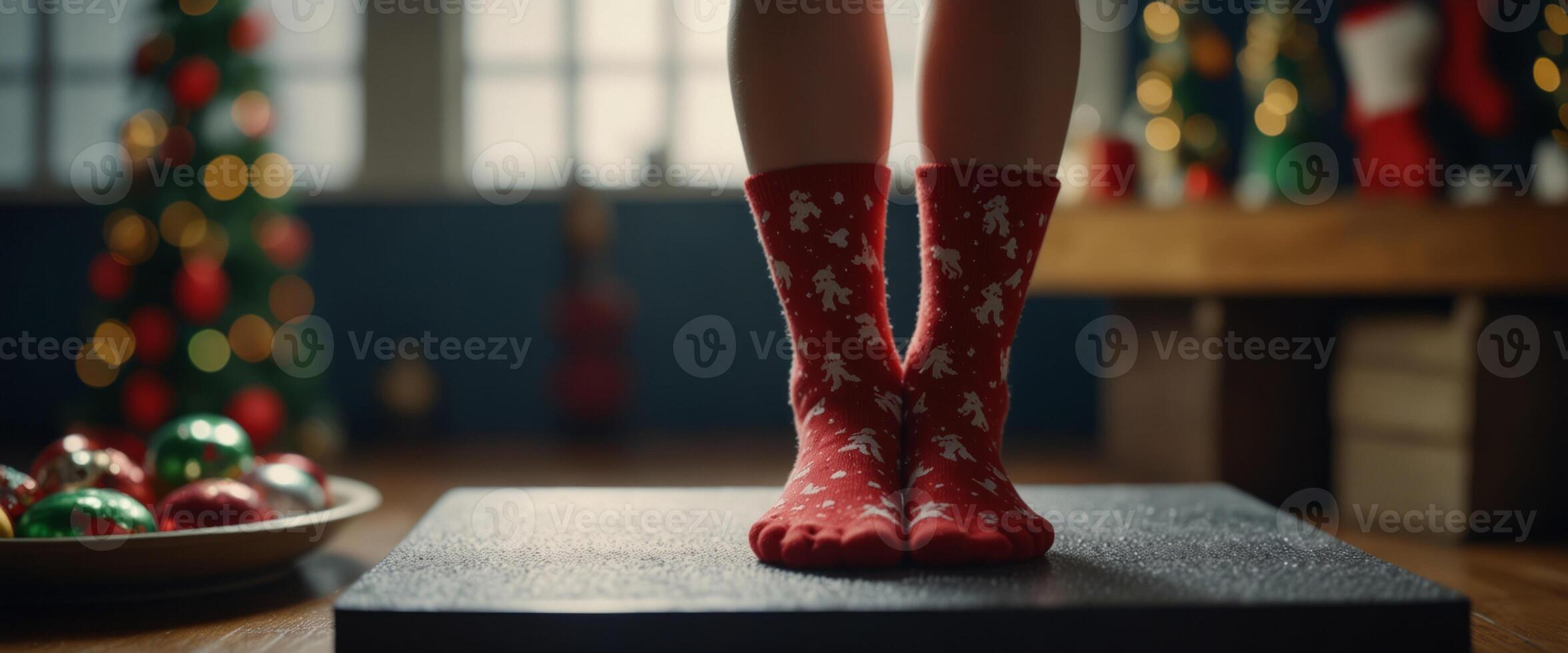 A woman in Christmas socks stands on the scales, weighs herself after gluttony during the holidays. photo