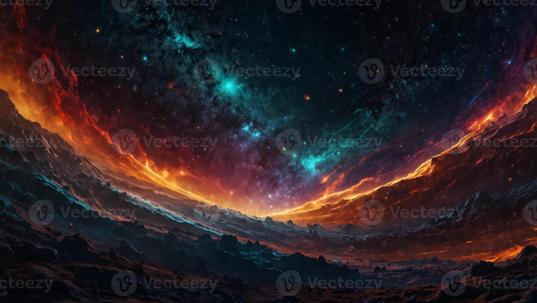Abstract cosmic landscape with colorful waves and celestial bodies evoking the beauty of space for a mesmerizing backdrop. photo