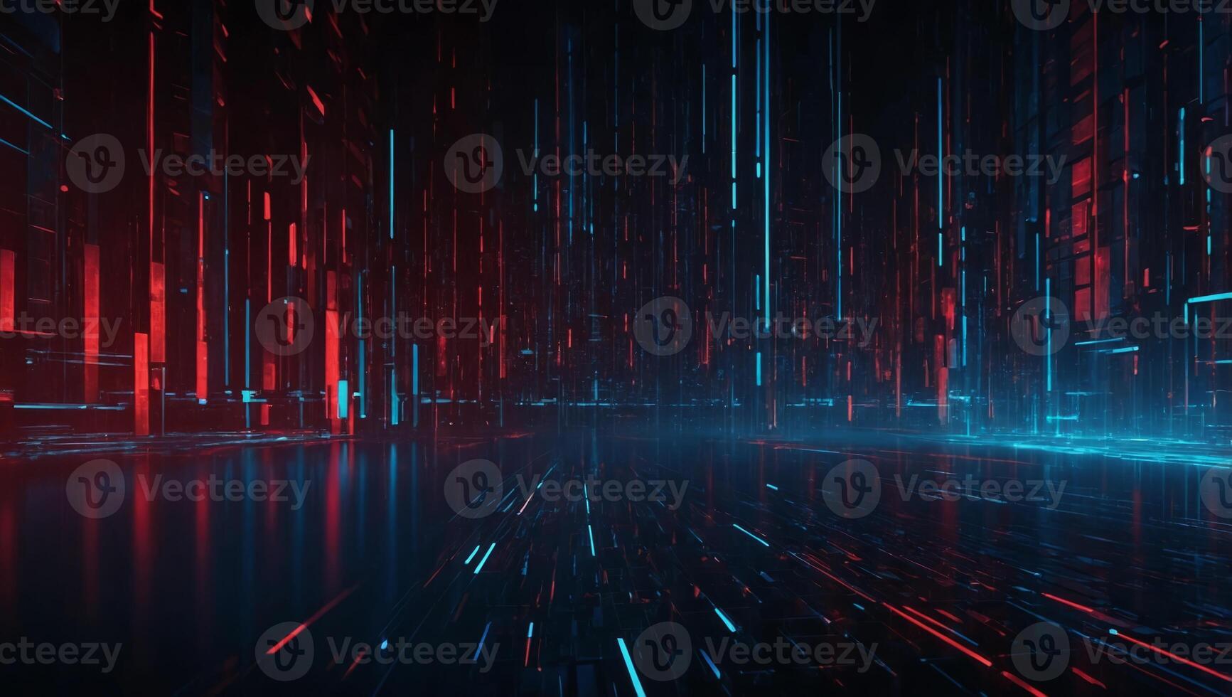 Abstract technology background, perspective of dark futuristic digital space View of blue data blocks in red light Concept of tech, future, network, cyber storage, speed, fast. photo