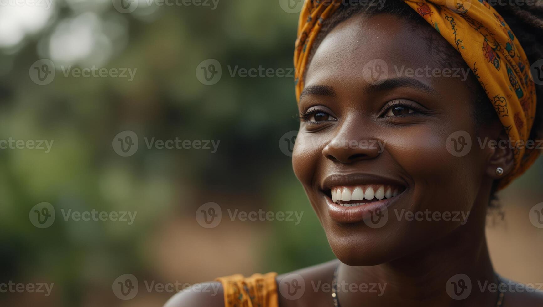 African Woman and Smiles Widely Beauty Concept. photo
