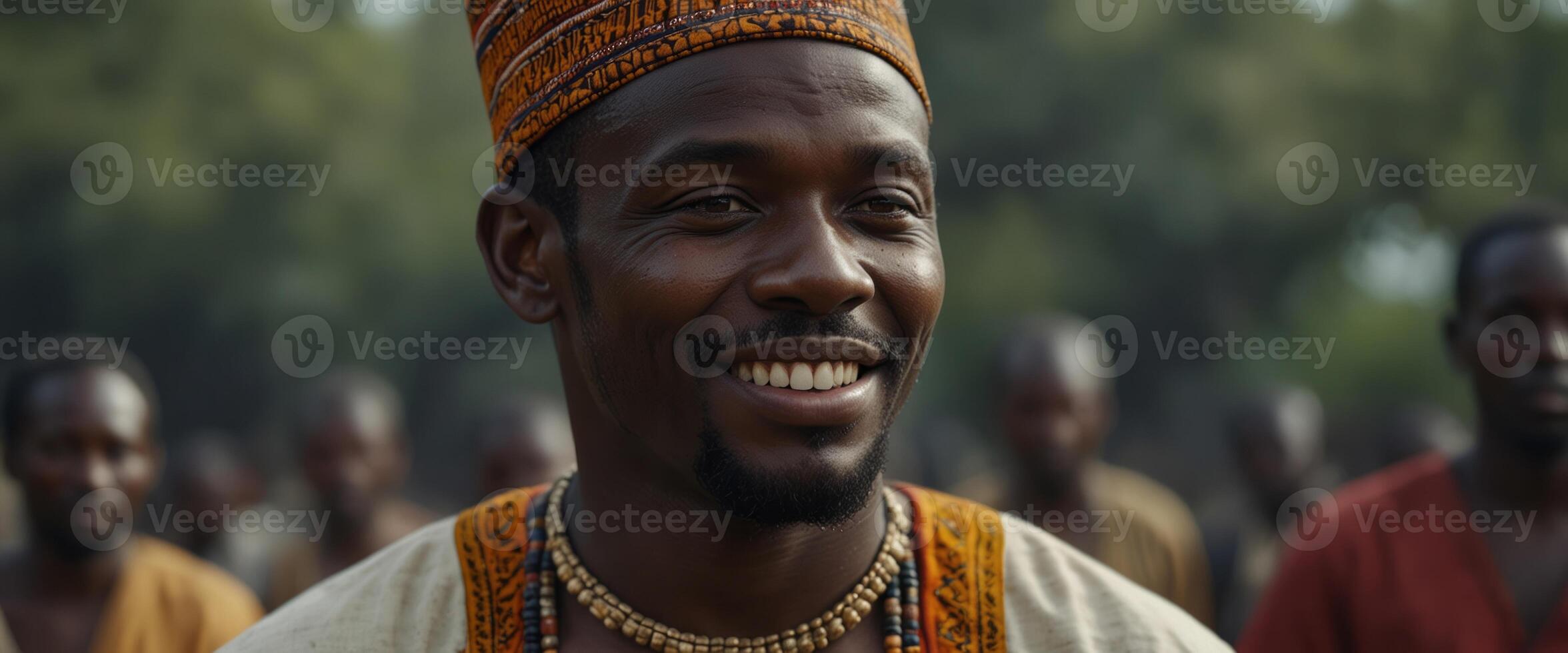 African man in traditional clothes toothy smile, on gray background. photo