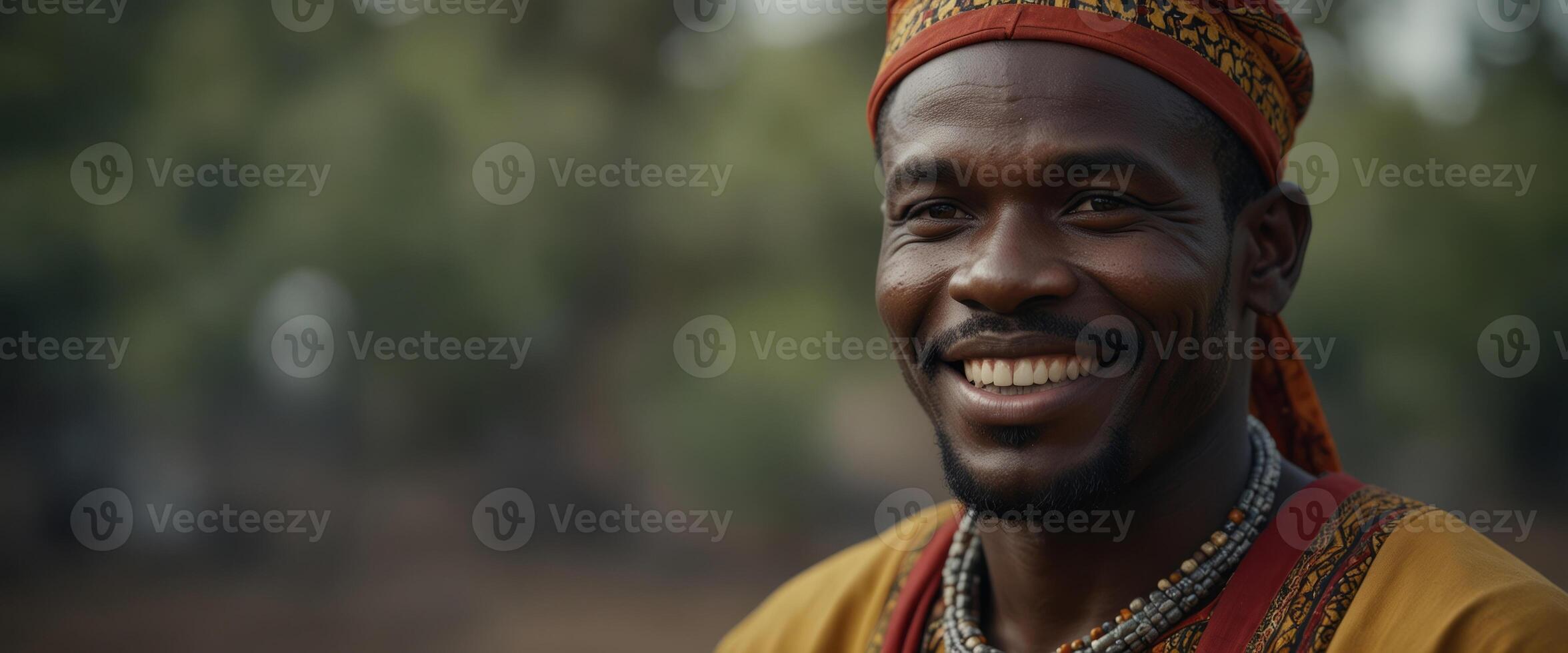 African man in traditional clothes toothy smile, on gray background. photo