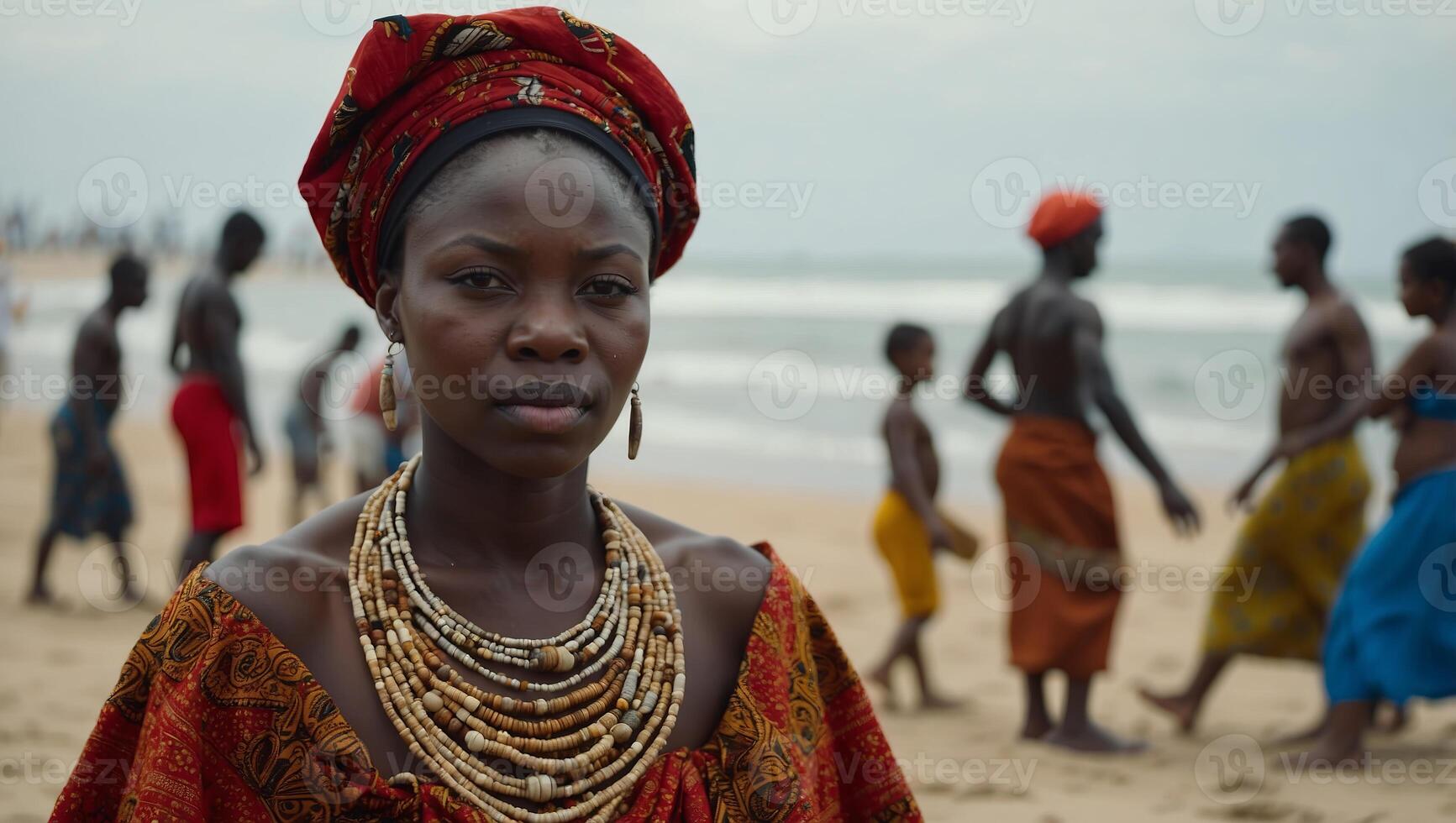 African woman sell traditional costume cloths on the beach, zungueira - Luanda, Angola, Africa. photo