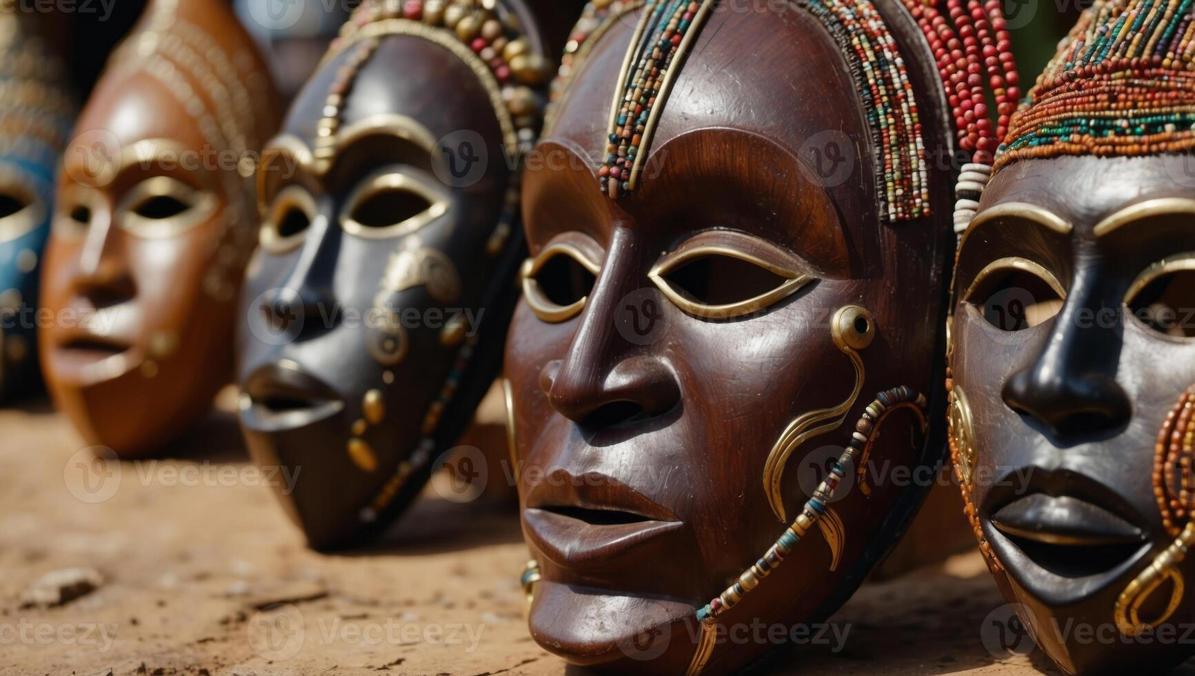 African wooden Masks, beaded decorations and souvenirs. photo