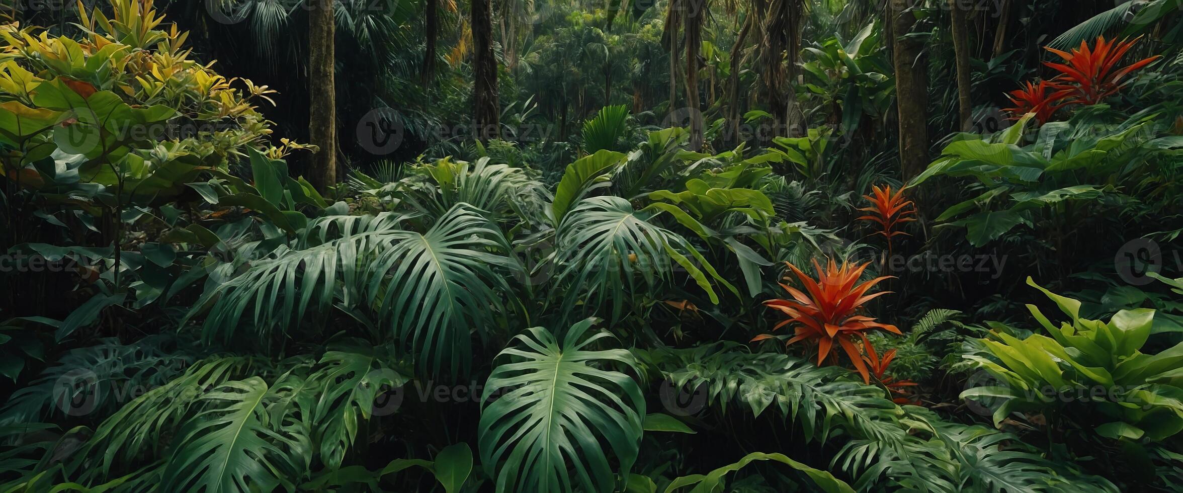 Amidst the canopy of tropical plants, a kaleidoscope of colors unfolds, inviting you to immerse yourself in the beauty of nature from a new vantage point. photo
