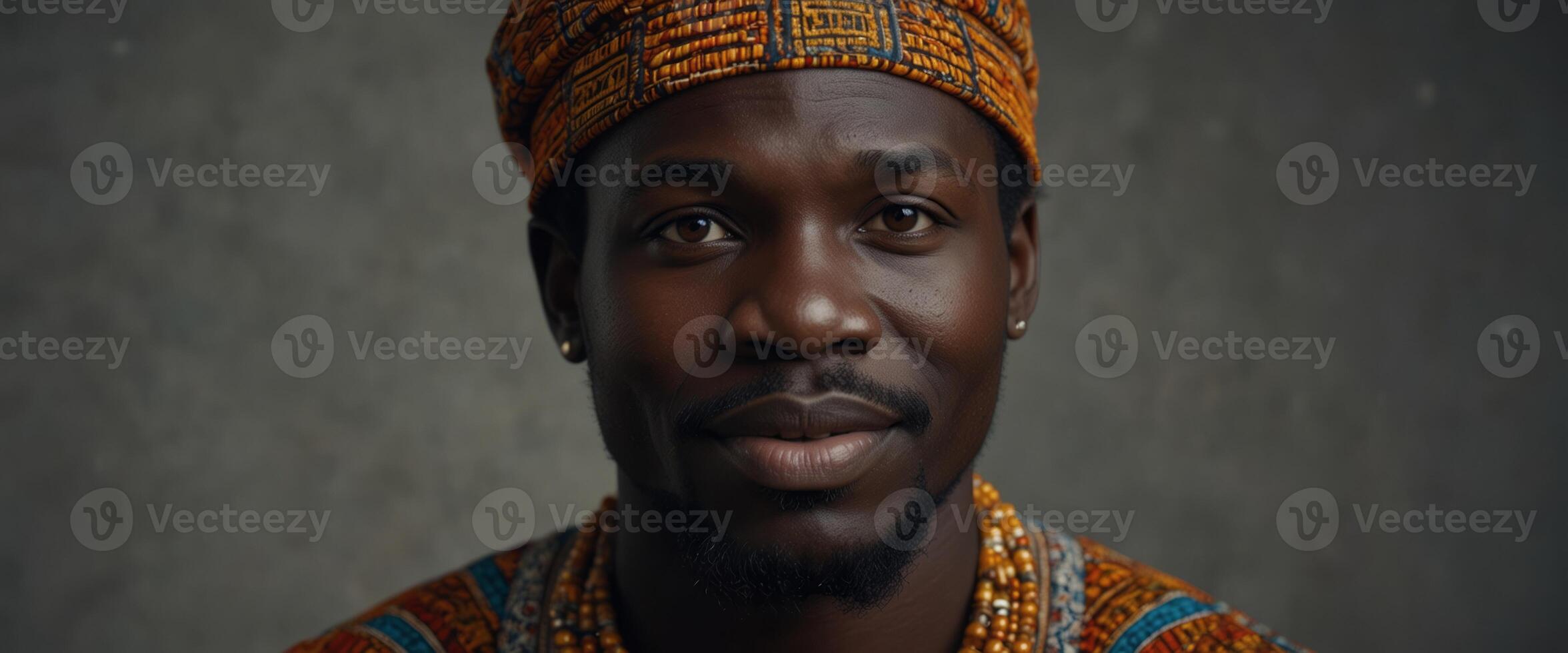 An African man is in national cloth pose and smile on gray background. photo