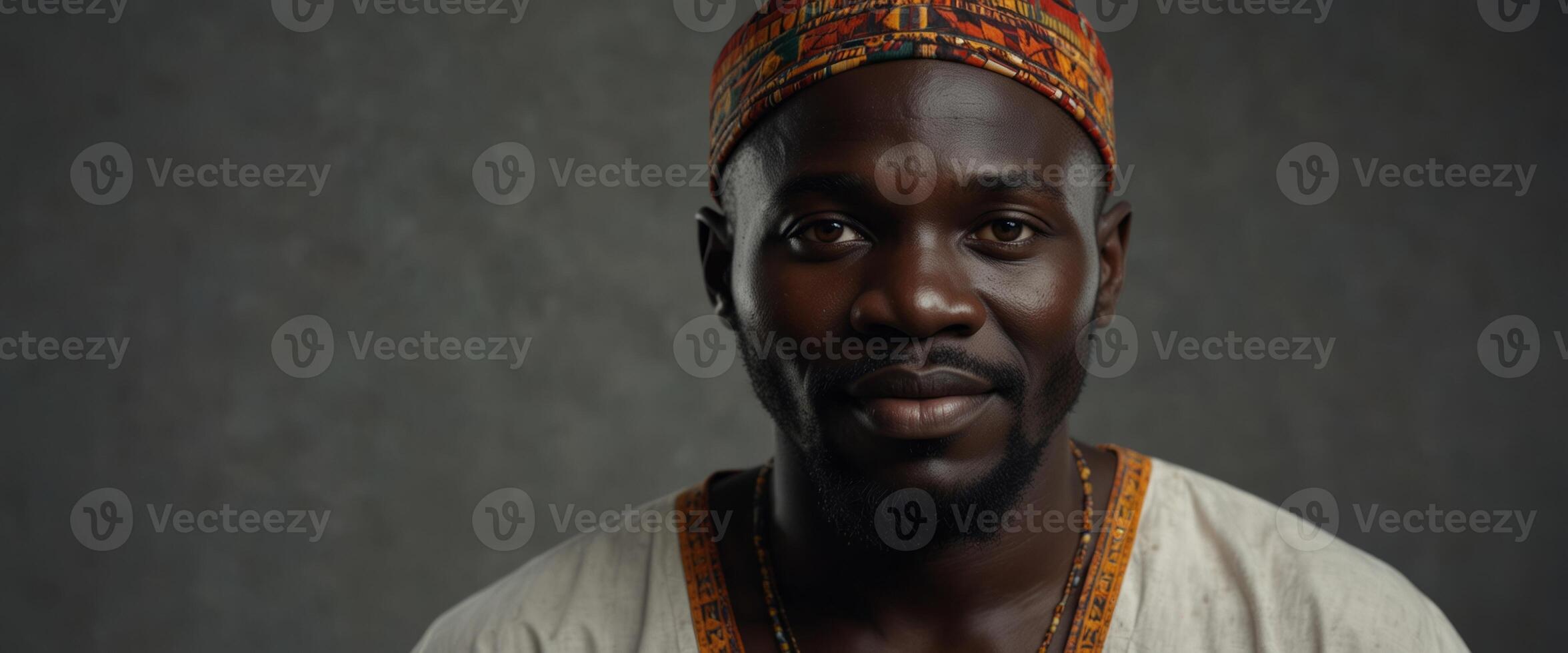 An African man is in national cloth pose and smile on gray background. photo