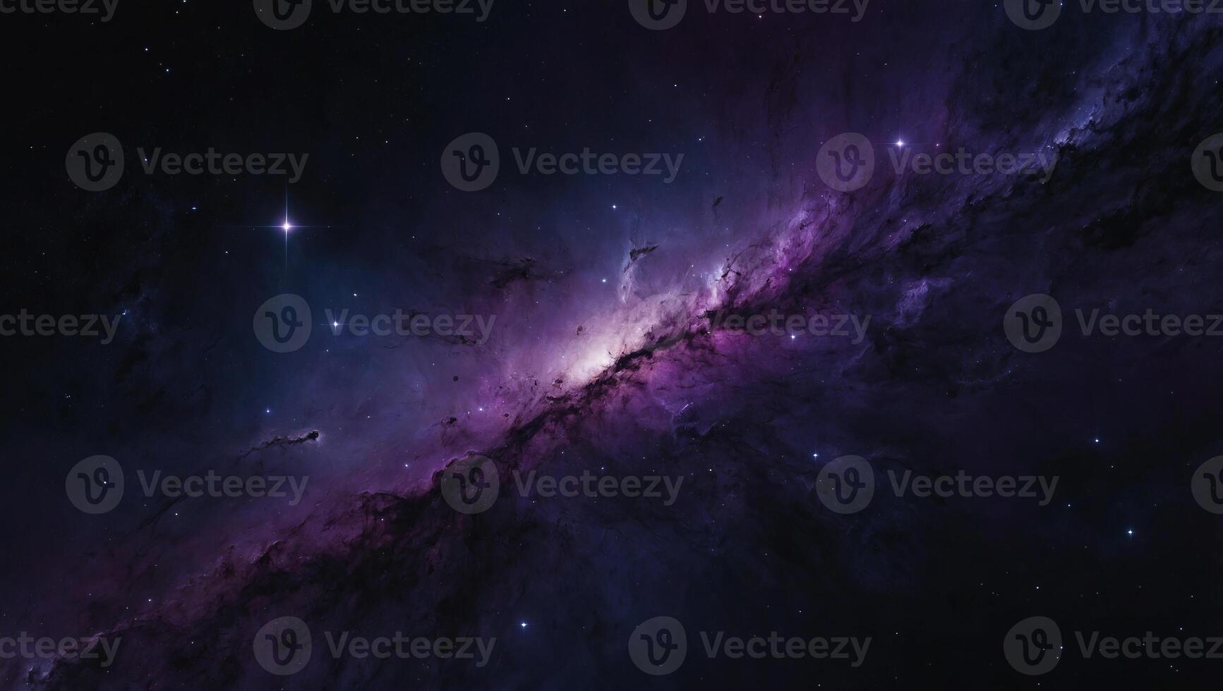 An artistic representation of outer space, where diagonal slices of black and dark purple create a cosmic backdrop, dotted with stars and enhanced with nebula-like textures. photo