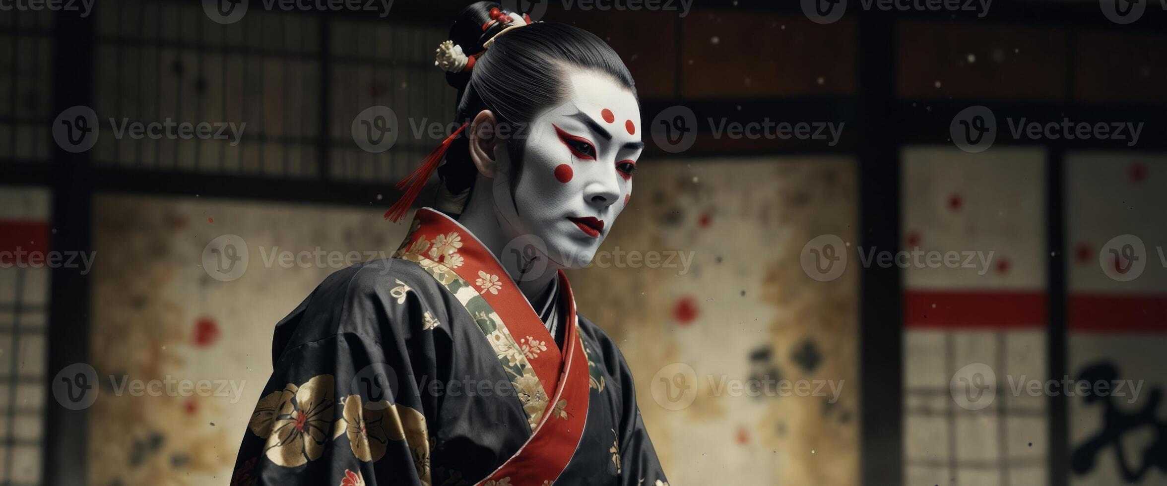An illustration of a Kabuki performance, rendered in watercolor with traditional sumi-e style, capturing the dramatic expressions and elaborate costumes. photo