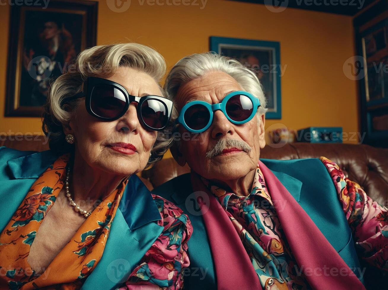 An elderly funky couple with kitschy retro clothing, wearing sunglasses and goggles, sit together inside, creating a fashionably artistic scene. photo
