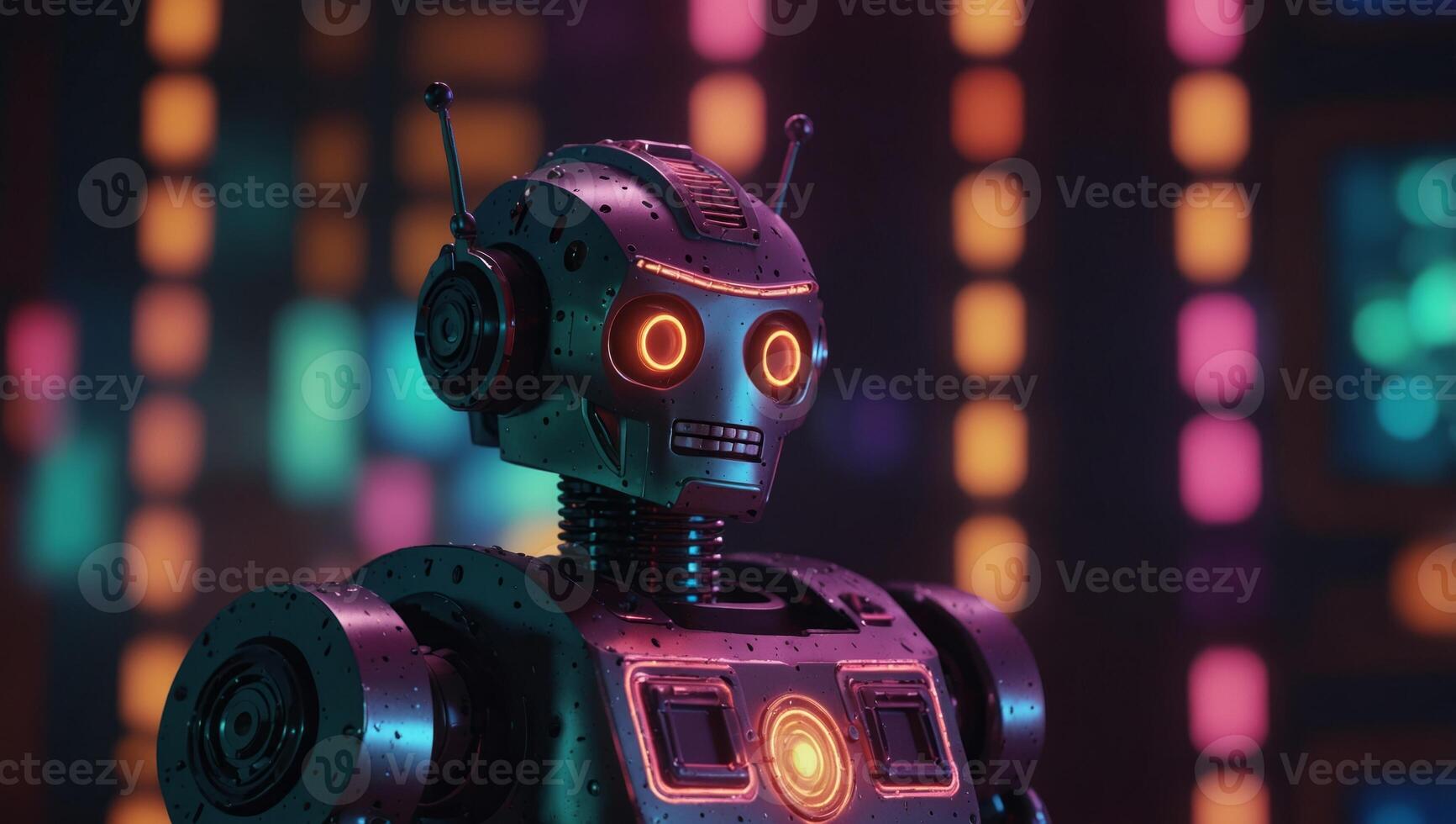 Android disco retro robot with neon background, futuristic. photo