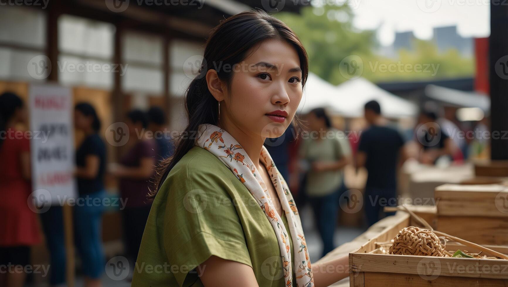 Asian American designers showcase handmade goods at the AAPI Heritage Month market, featuring market stalls with ample banner space. photo