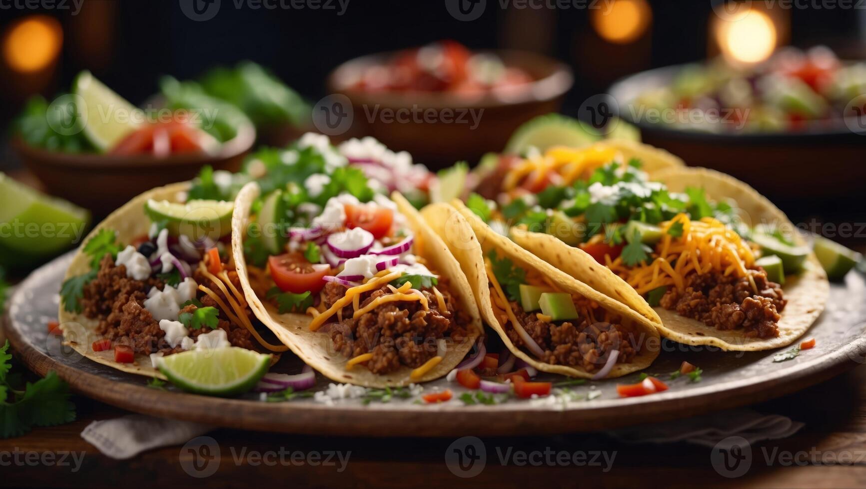 Assorted traditional Mexican tacos with various fillings and toppings. photo
