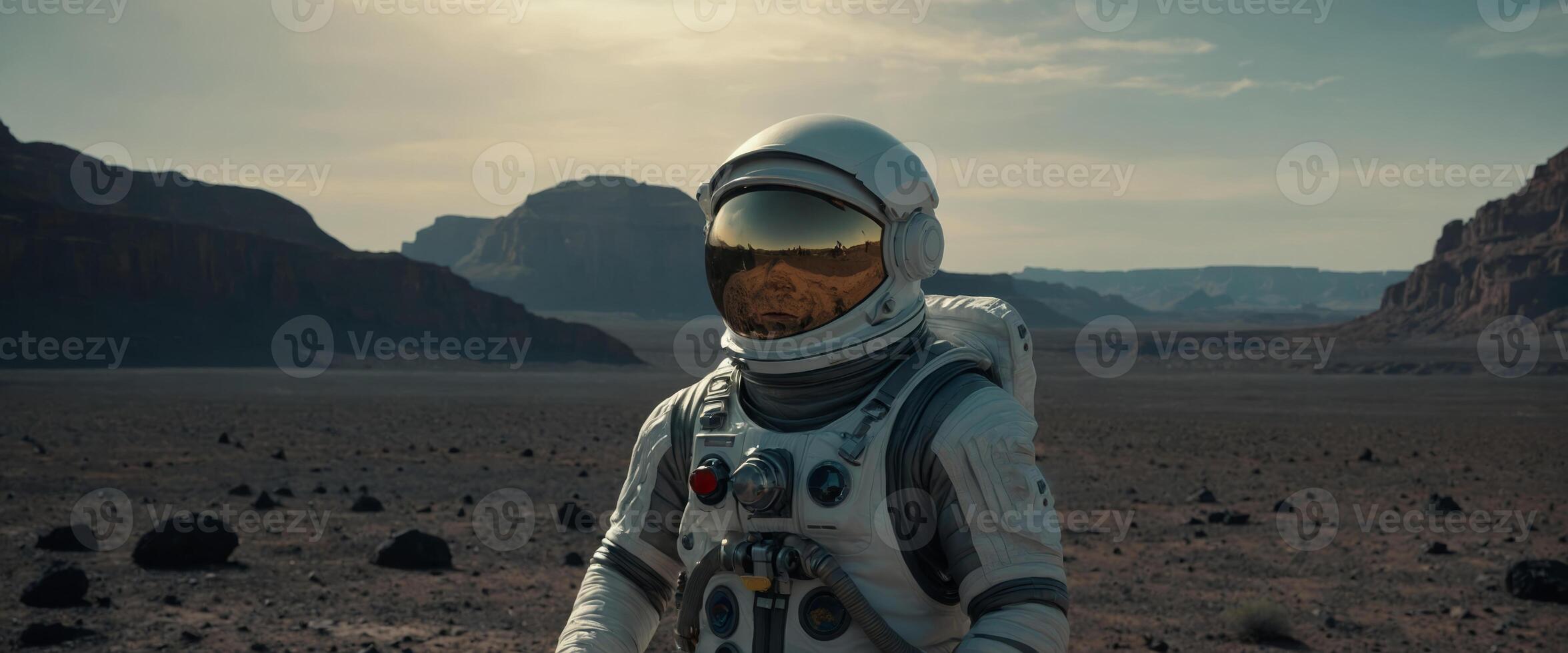 Astronaut in an alien landscape, future scape abstract science fiction of a different planet. photo