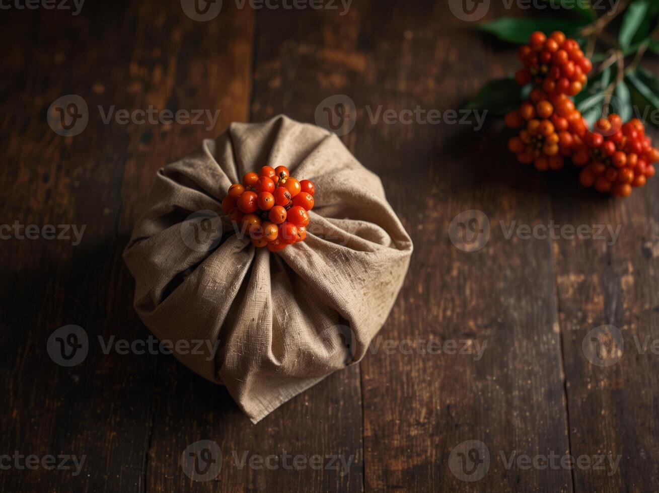 Autumn gift with rowan wrapped in fabric on brown rustic background A traditional furoshiki gift Top view, flat lay, copy space Banner. photo