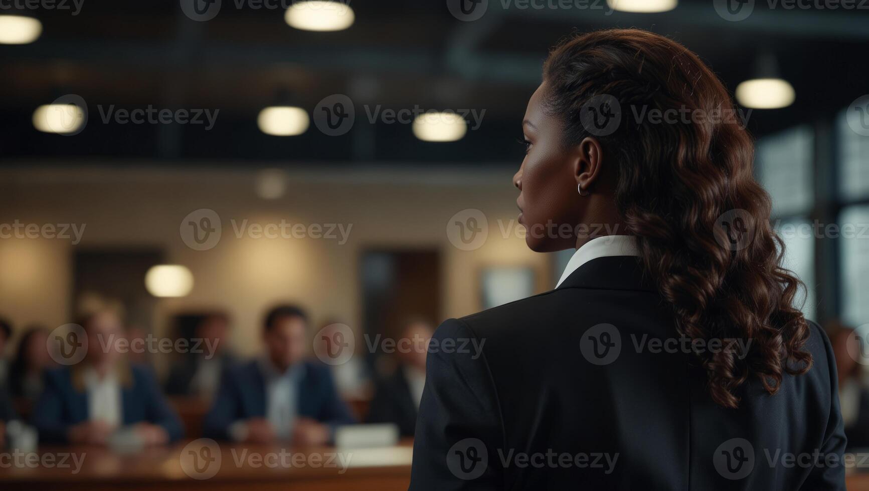 Back view of black businesswoman make motivational speech. photo