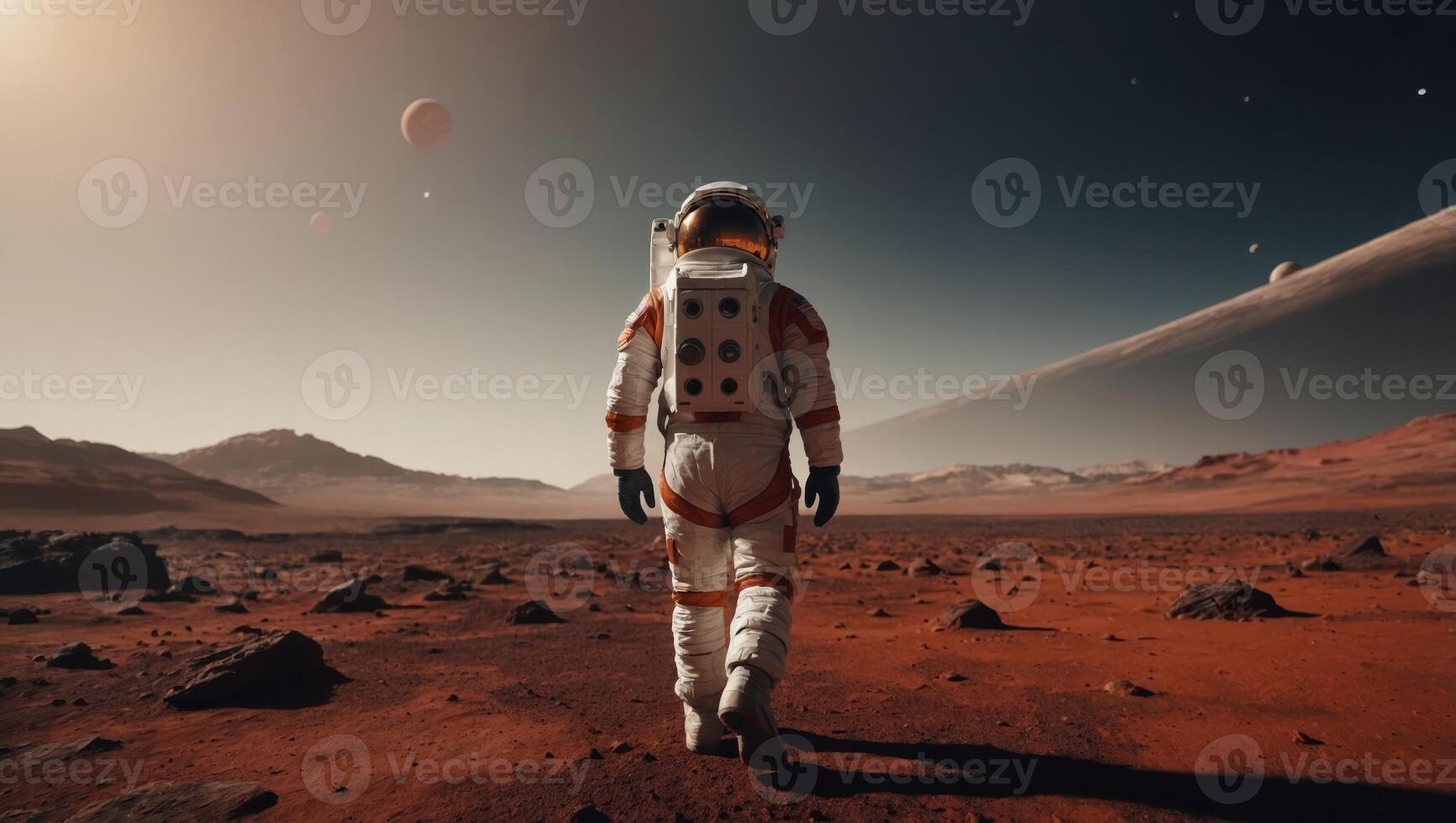 Back view of astronaut wearing space suit walking on a surface of a red planet Martian base and rover in the background Mars colonization concept. photo