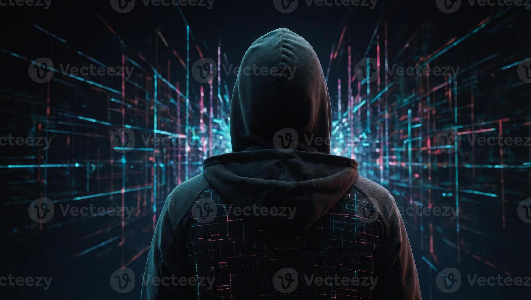 Back view of hacker in hoodie looking at abstract polygonal lines on dark background Big data, technology, metaverse and future concept. photo