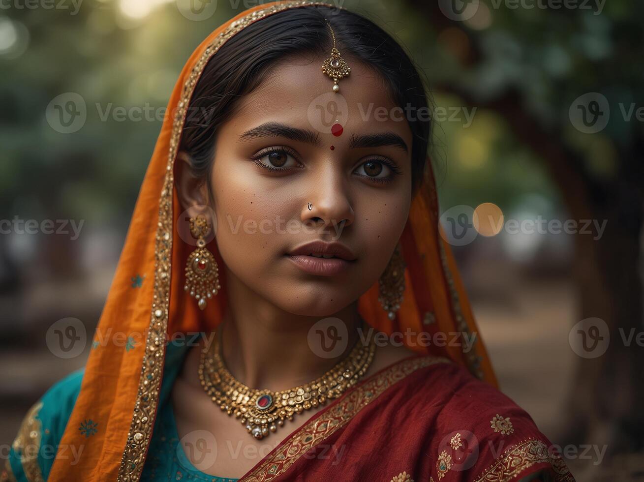 Beautiful girl from India with a point in traditional clothing. photo