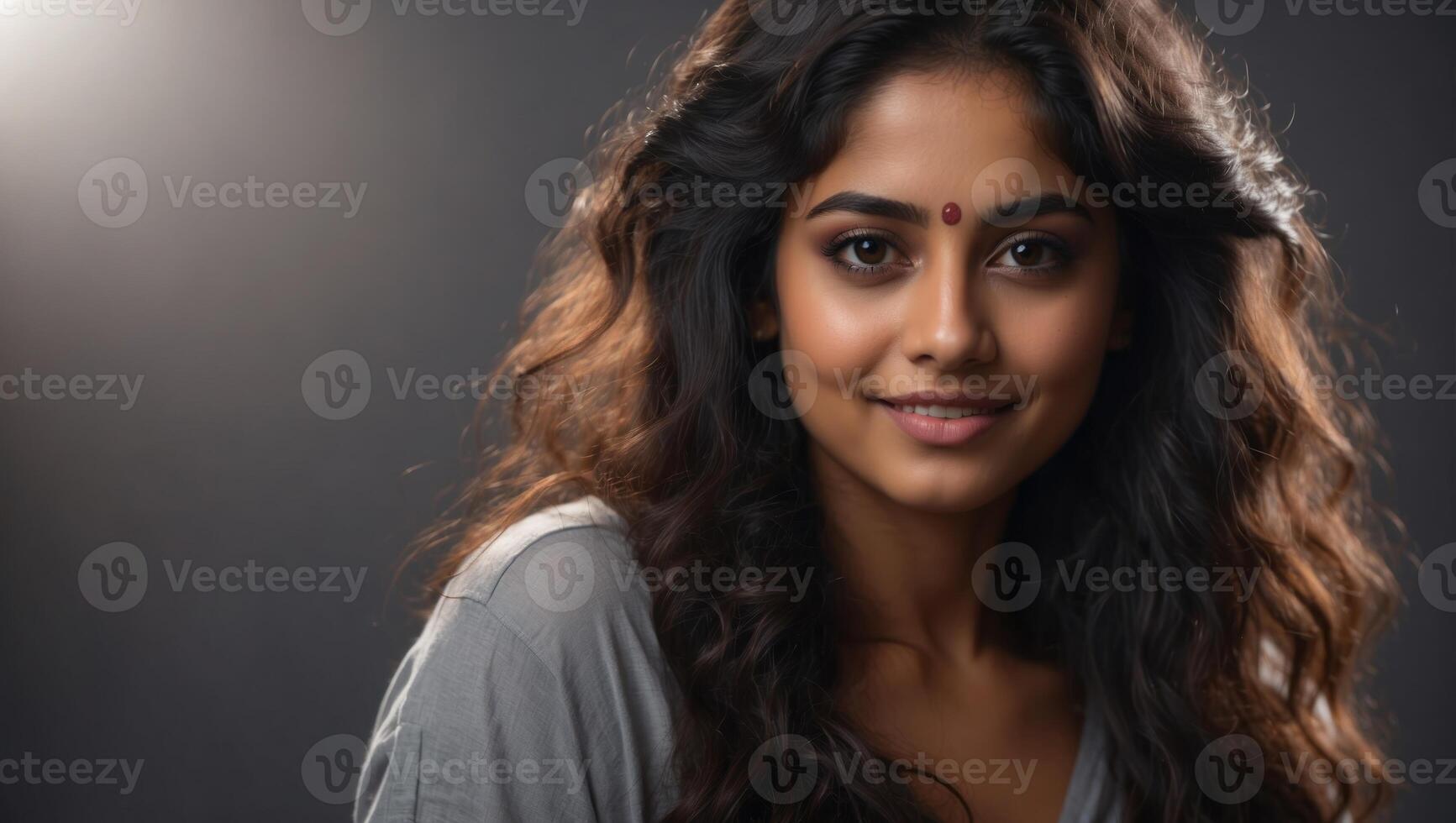 Beautiful young Indian woman showing OK on grey background. photo