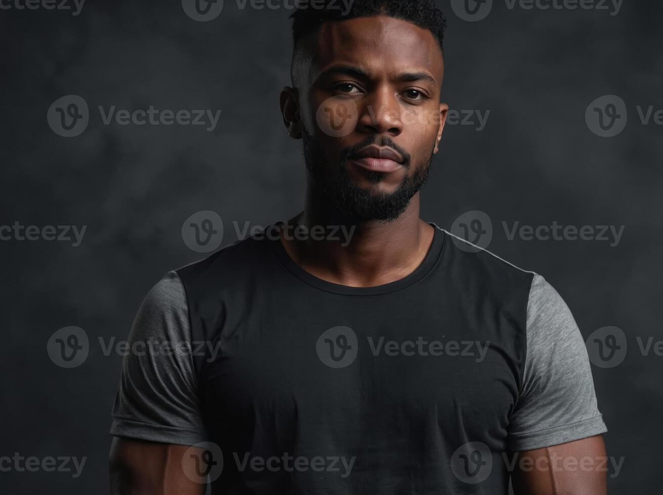 Black T-Shirt Displayed on Abstract Gray Background for Product Mockups and Shirt Design Template. photo