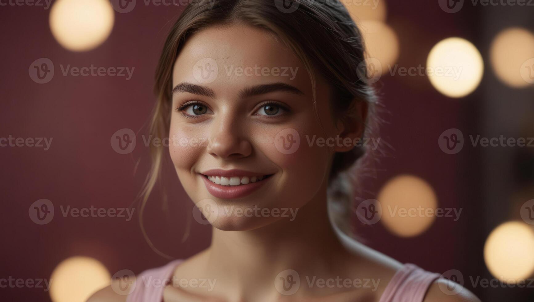 Beauty girl natural makeup with cute smile on pink. photo