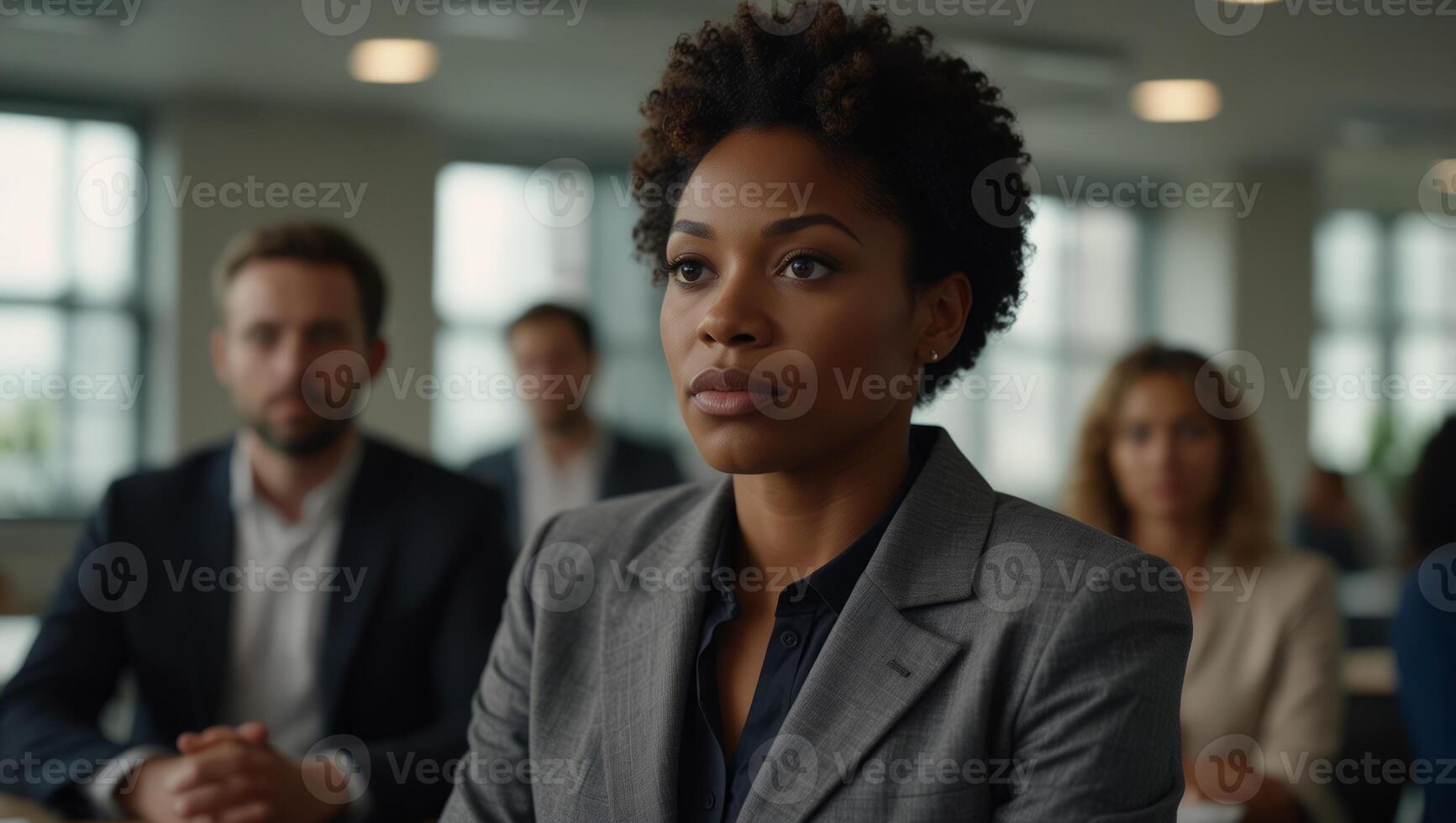 Black female boss leading corporate multiracial team meeting talking to diverse businesspeople,. photo