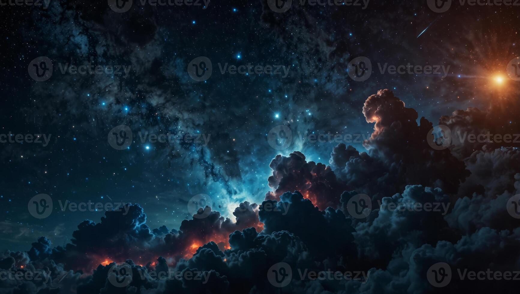 Blue night sky, celestial explosion, and glowing nebula in a futuristic backdrop. photo