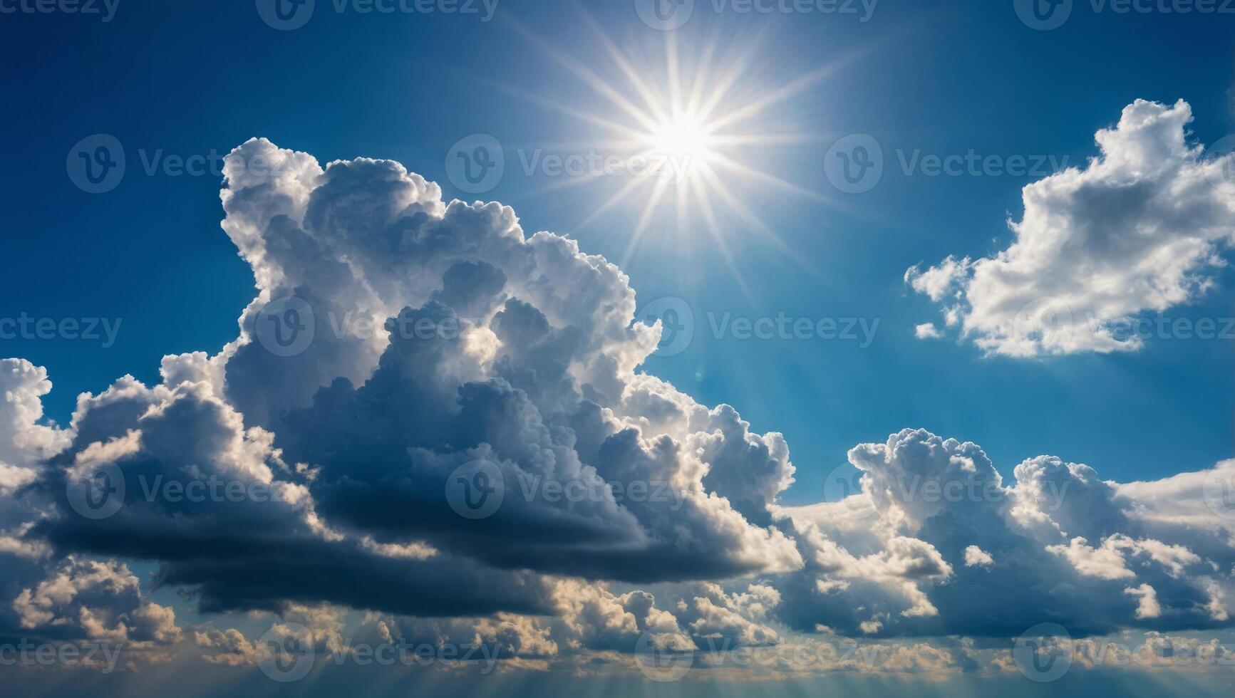 Breathtaking panoramic image of a vivid blue sky filled with radiant sunlight and fluffy white clouds, evoking a sense of serenity and expansive beauty. photo